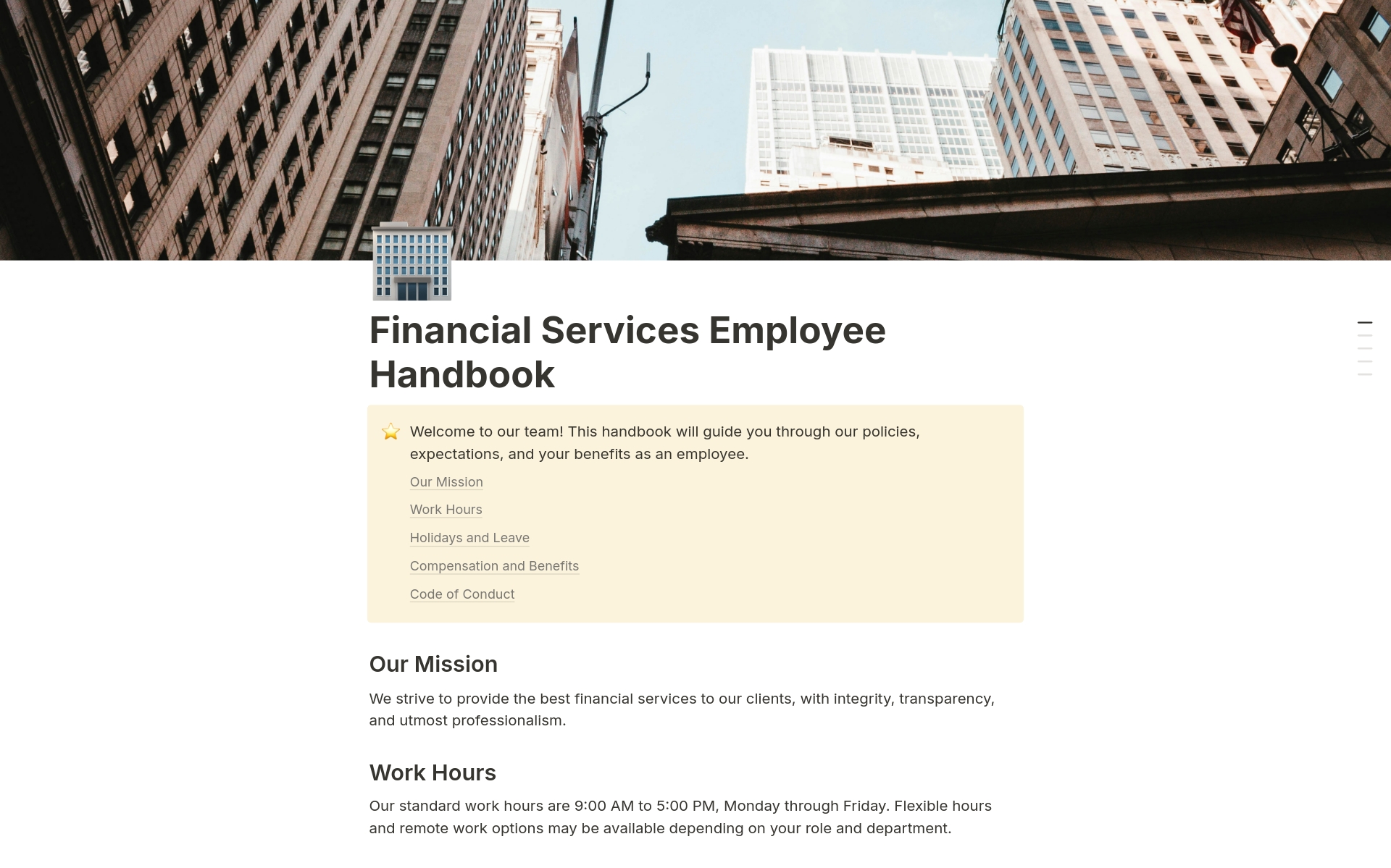 Vista previa de una plantilla para Financial Services Employee Handbook