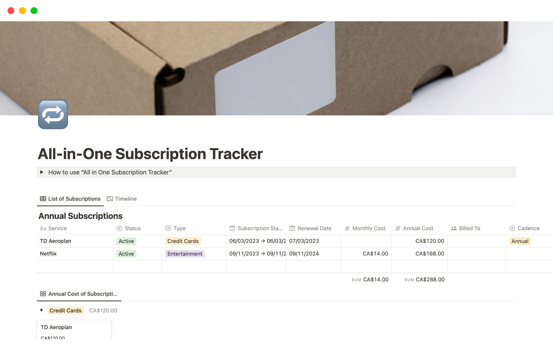 Vista previa de una plantilla para All-in-One Subscription Tracker