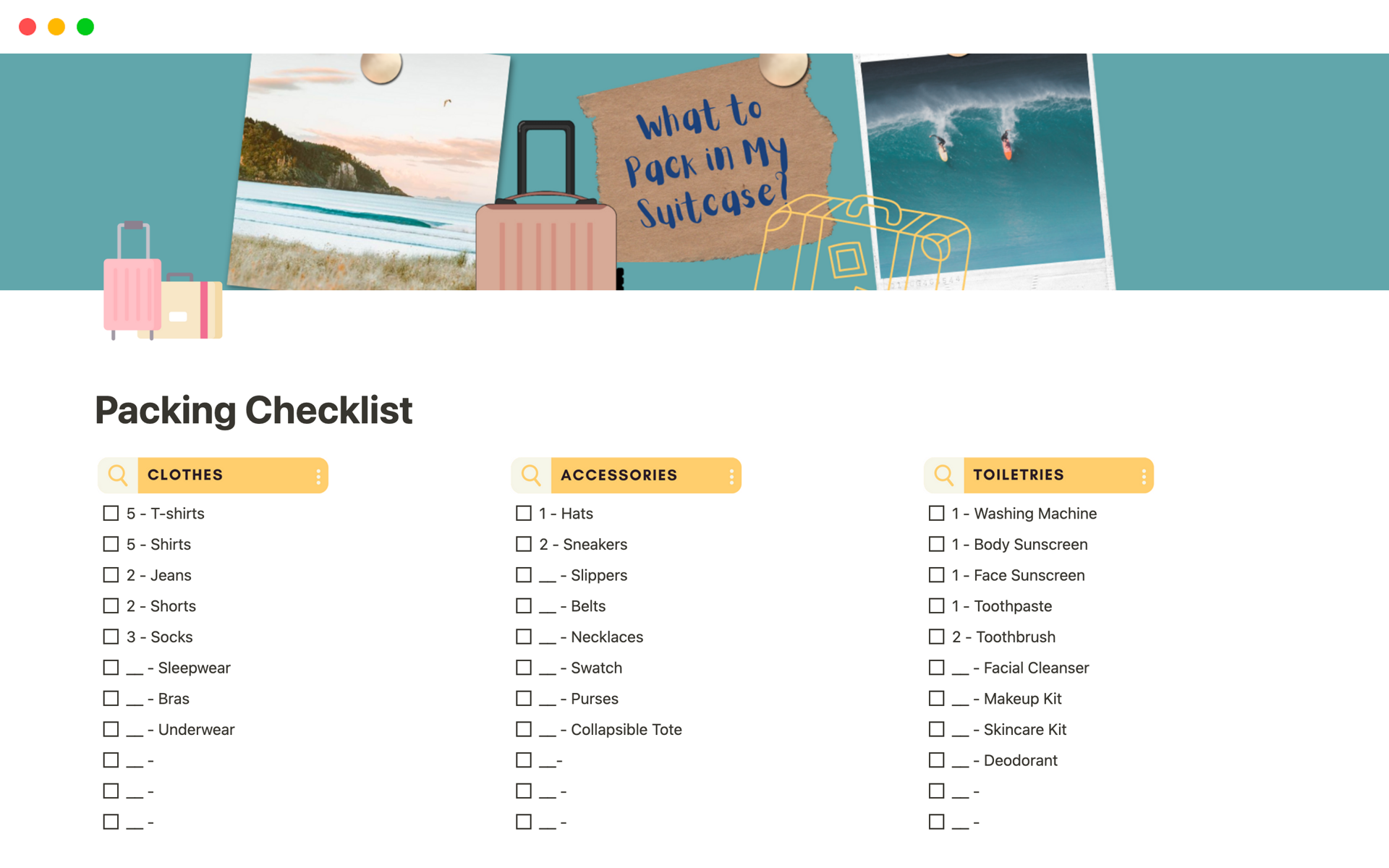 Vista previa de una plantilla para Travel Packing Checklist