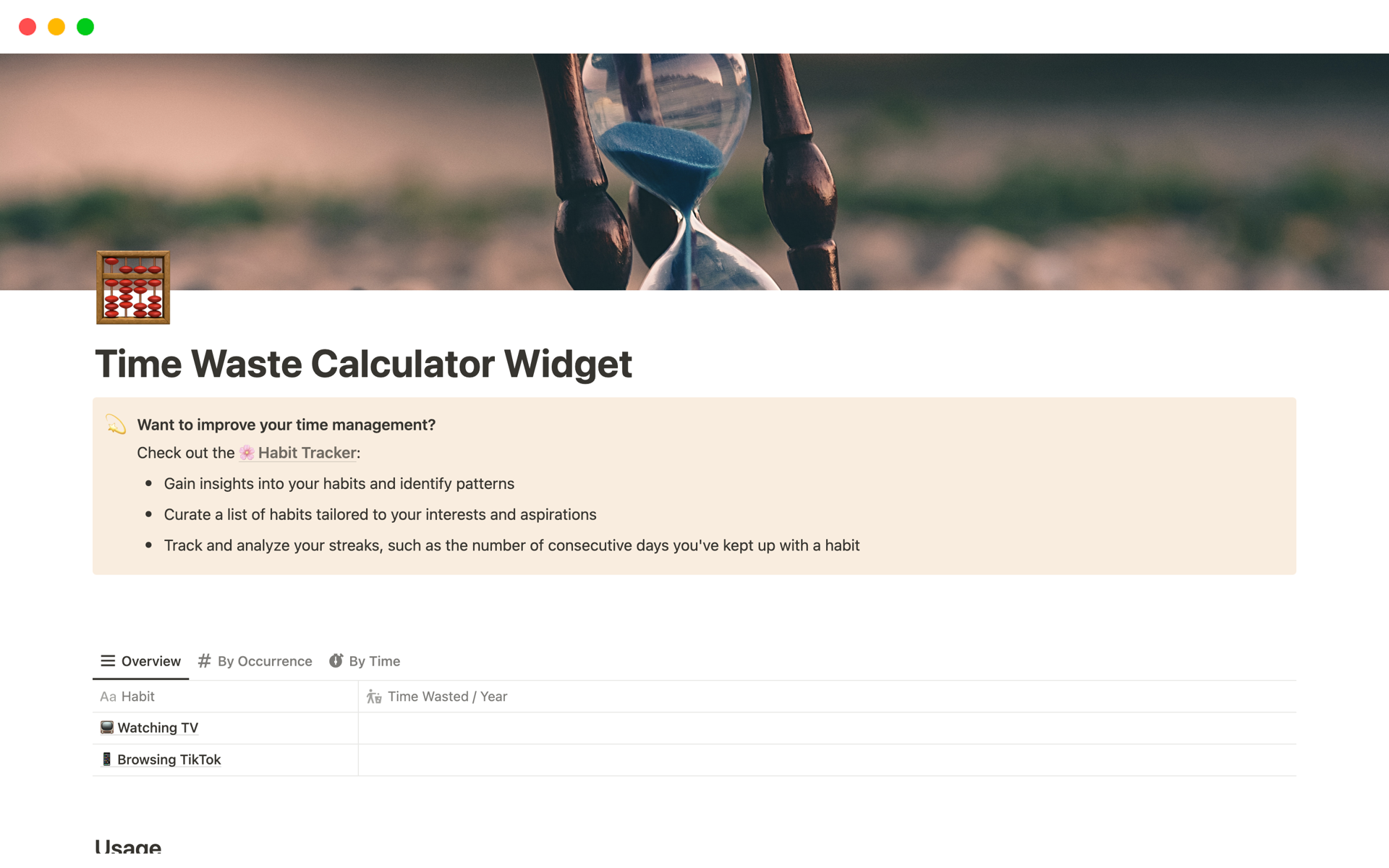 En forhåndsvisning av mal for Time Waste Calculator Widget
