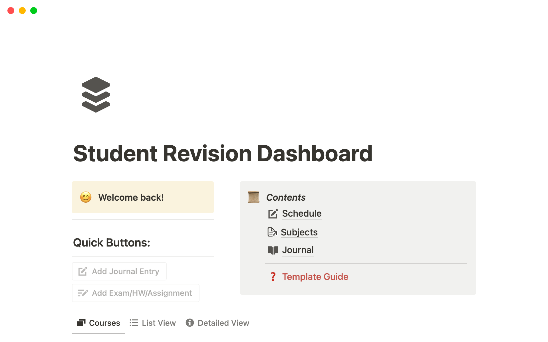 En förhandsgranskning av mallen för Student Revision Dashboard