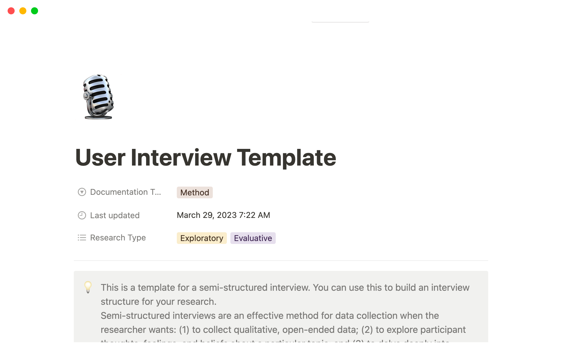 En forhåndsvisning av mal for User Interview Template