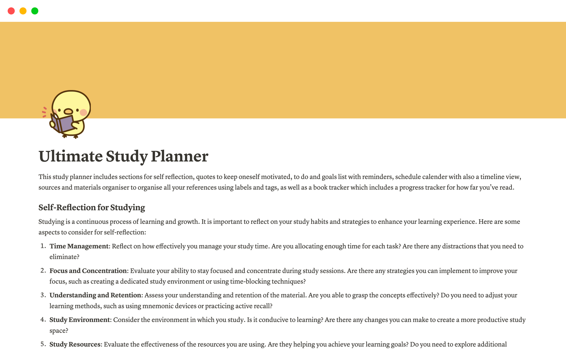 En förhandsgranskning av mallen för Ultimate Study Planner