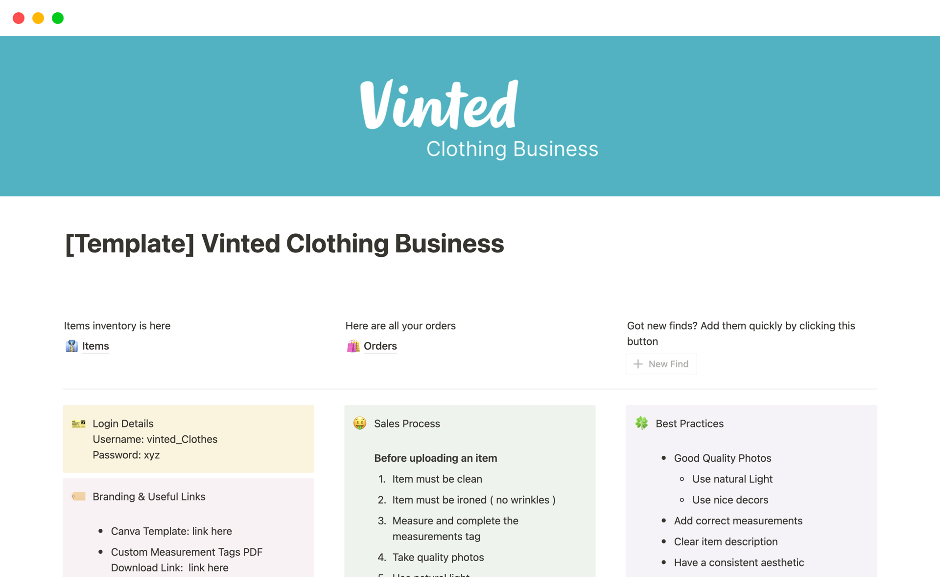 Eine Vorlagenvorschau für Vinted Clothing Business