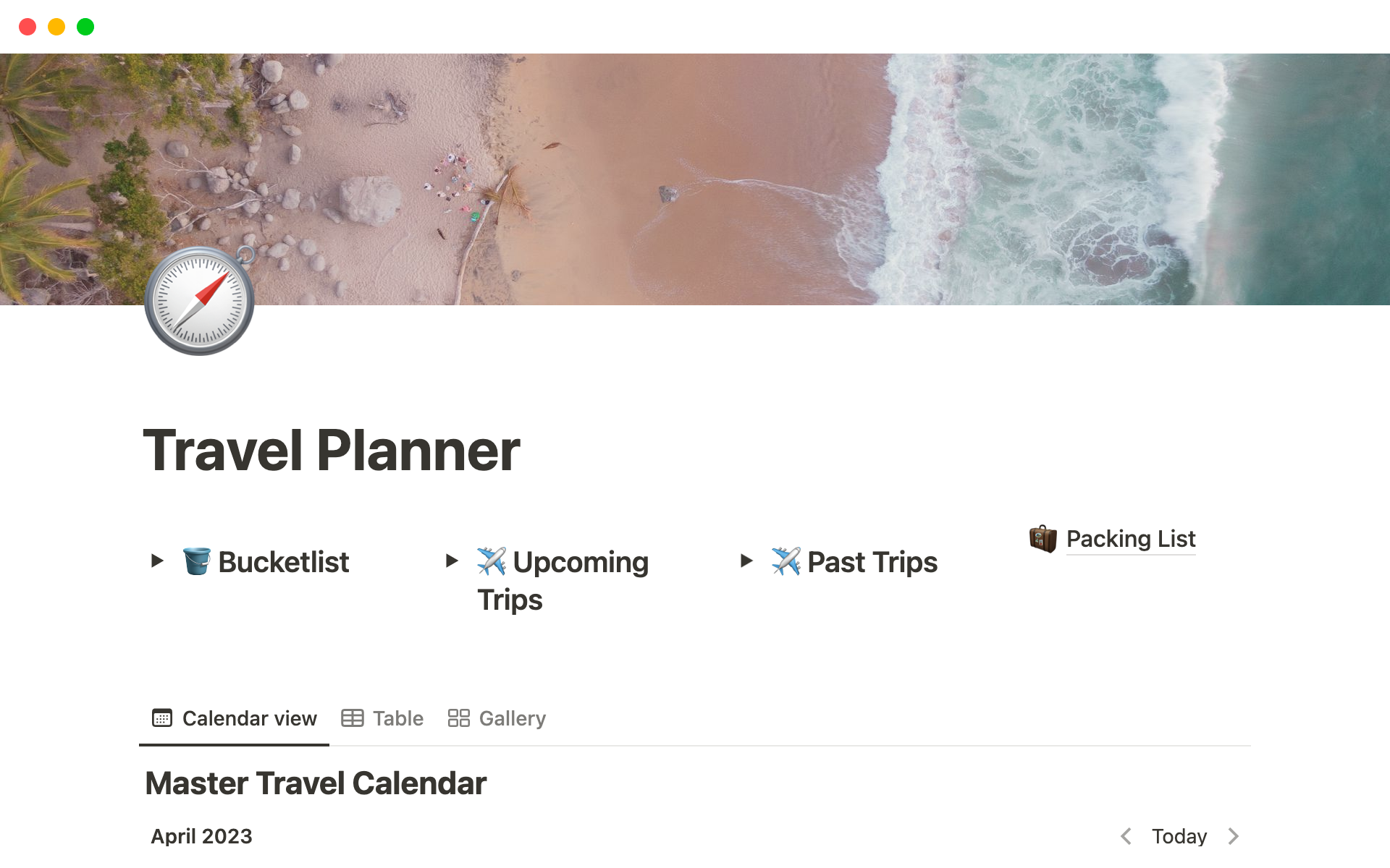 Vista previa de plantilla para Travel Planning Template