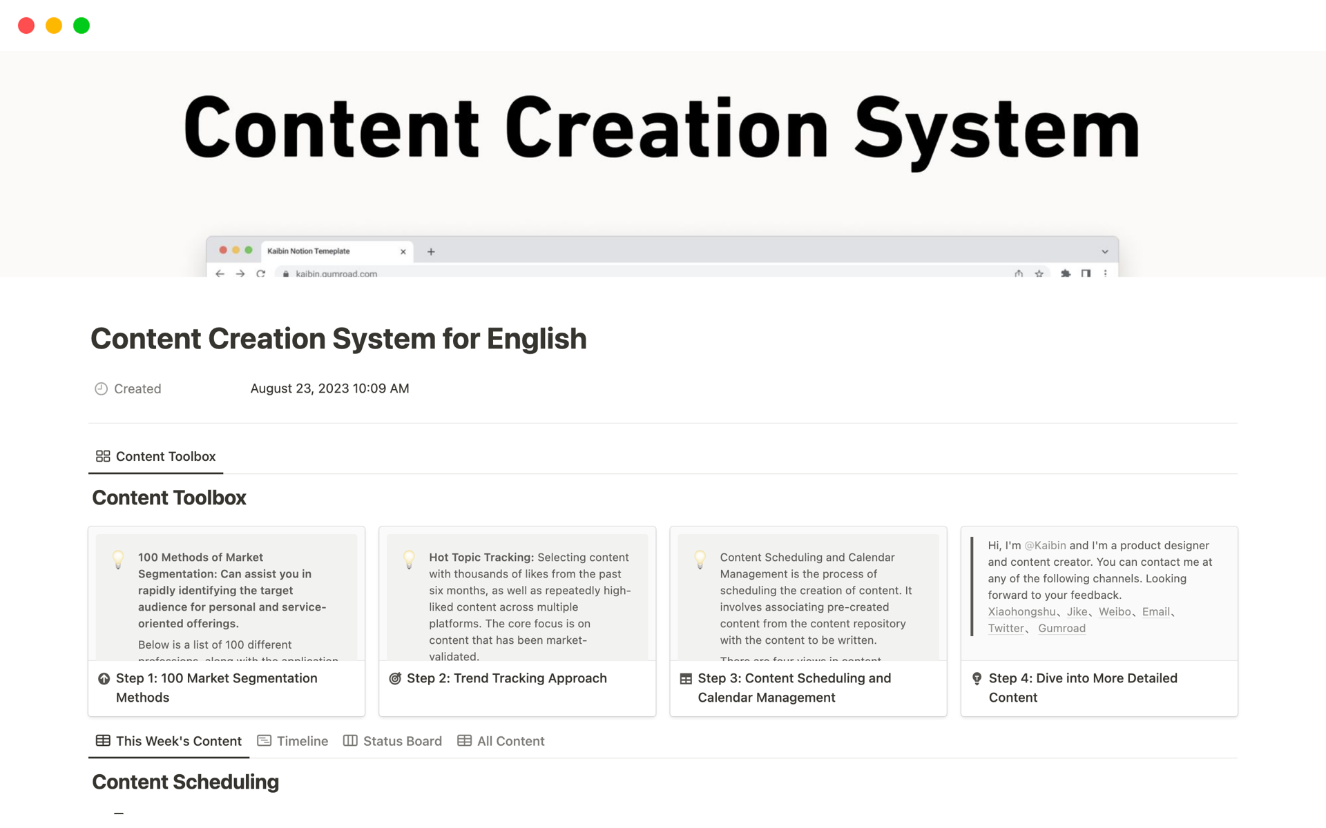 En forhåndsvisning av mal for Content Creation System for English
