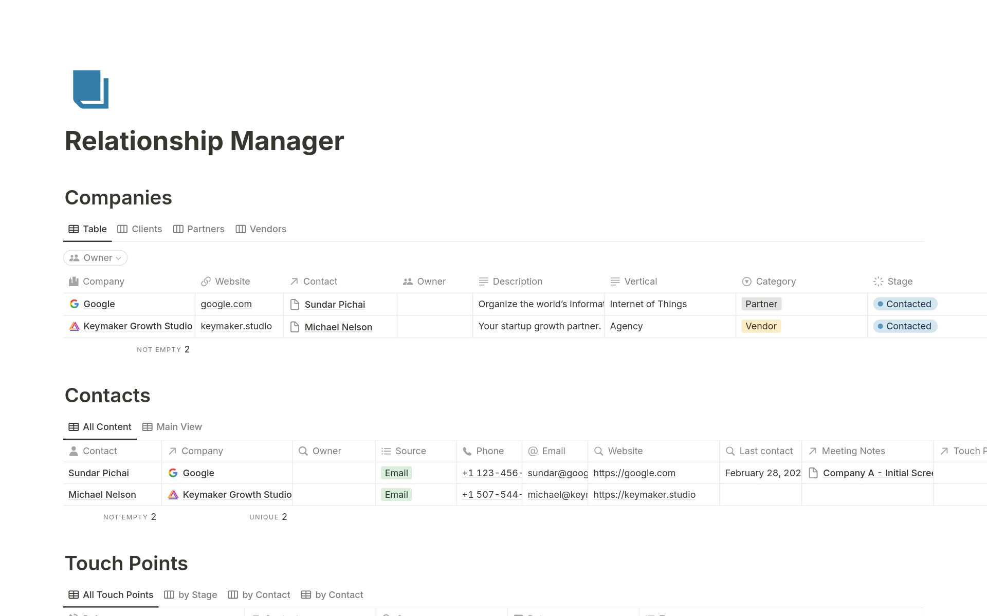 Vista previa de una plantilla para Relationship Management Database
