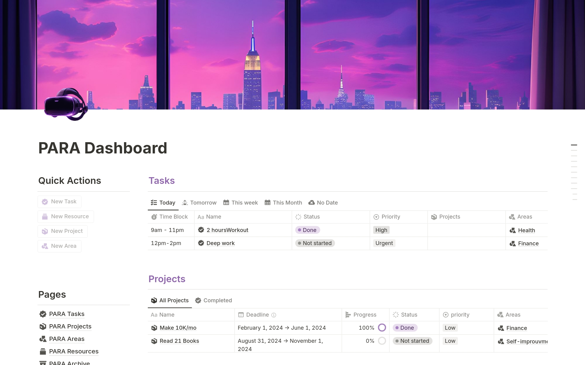 A template preview for PARA Dashboard