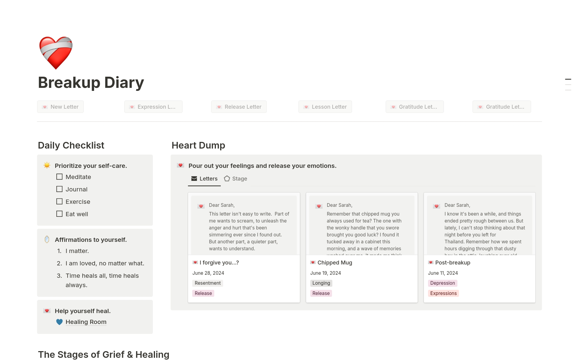 Breakup Diary is a guided companion on the path to healing. This easy-to-use Notion template leverages the 5 stages of grief to help you healthily process your emotions. Craft private letters to express yourself, learn how to heal post-breakup, and use guided meditation.