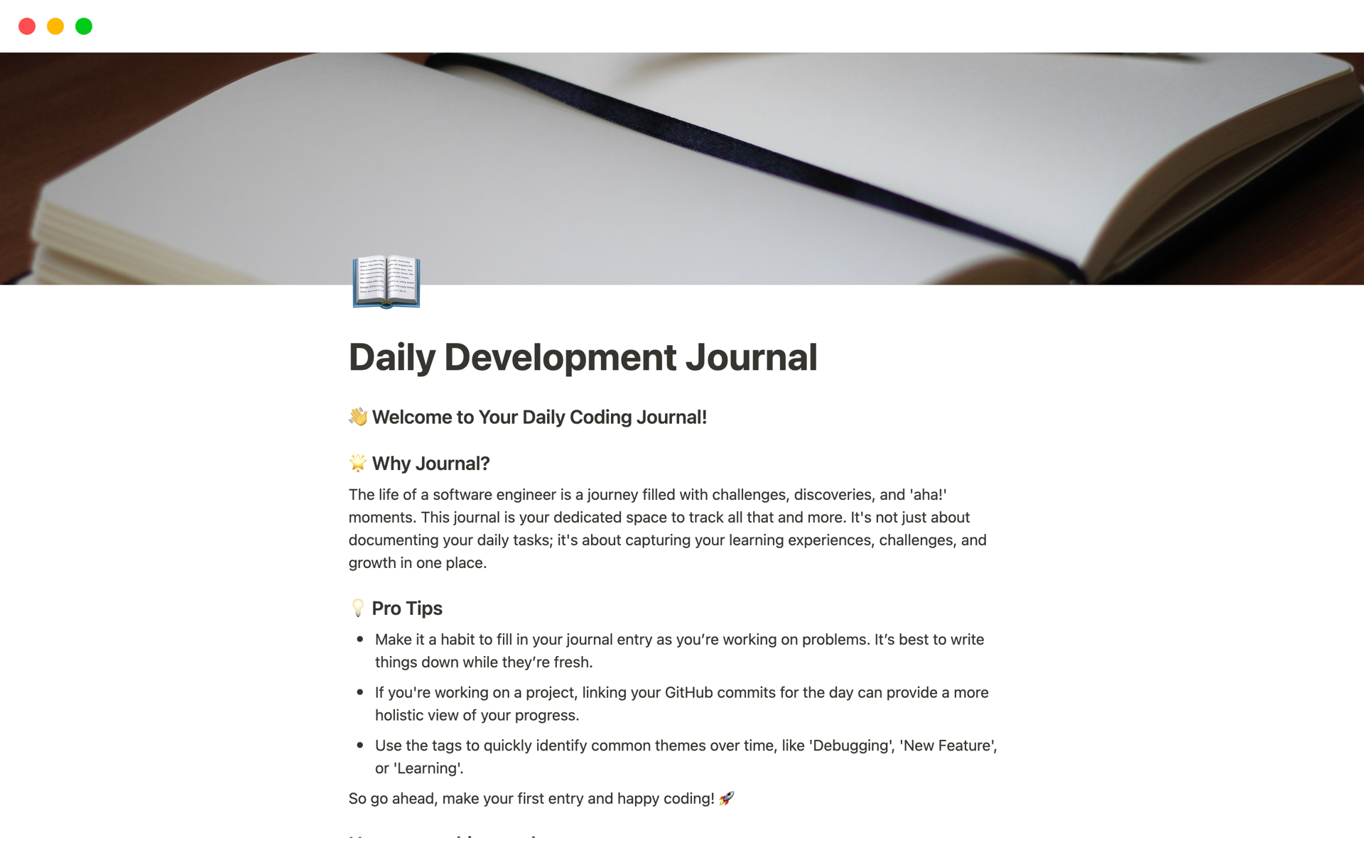Track your daily development challenges, solutions, and learnings with this comprehensive journal template.