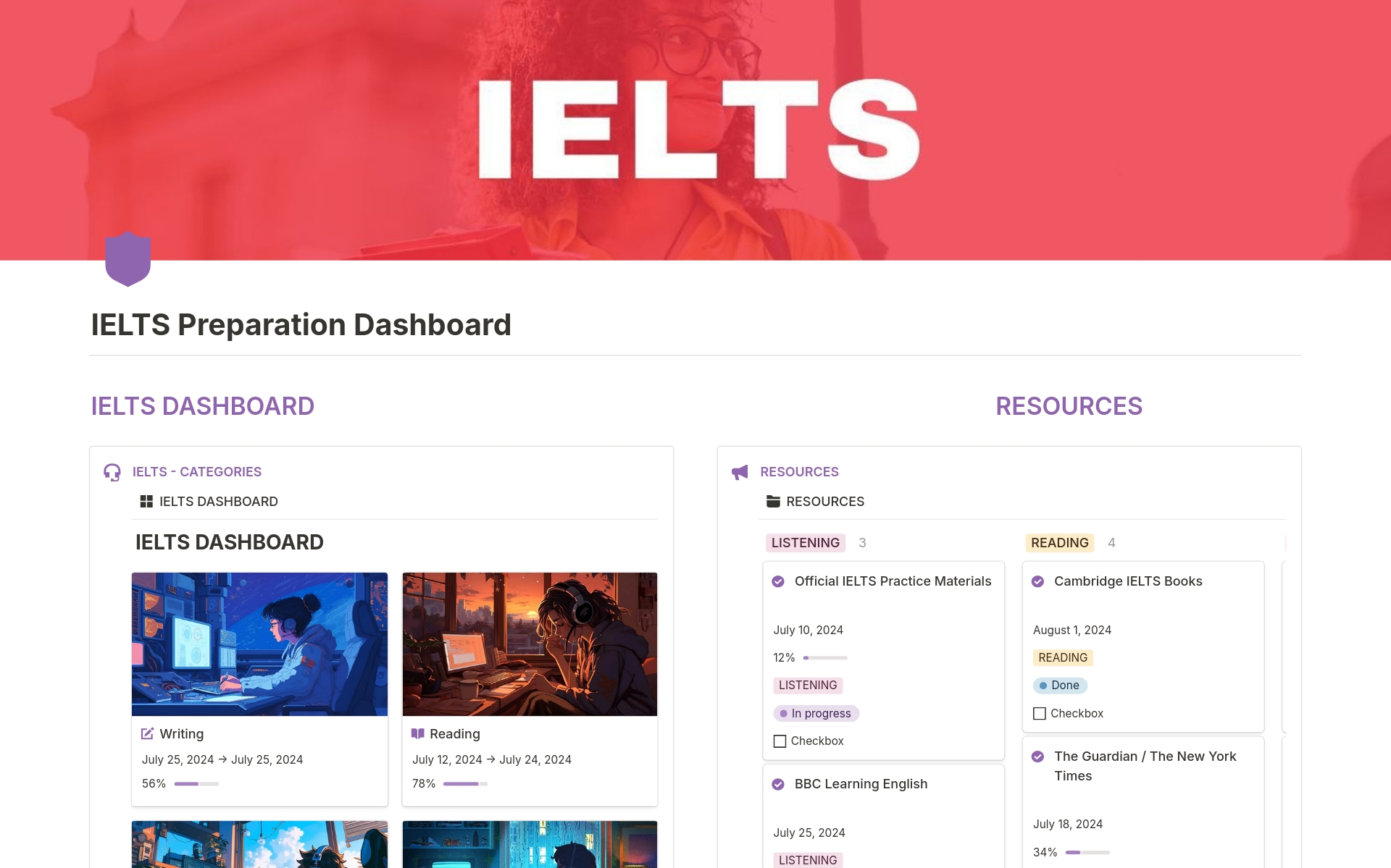 A template preview for IELTS Preparation Hub 
