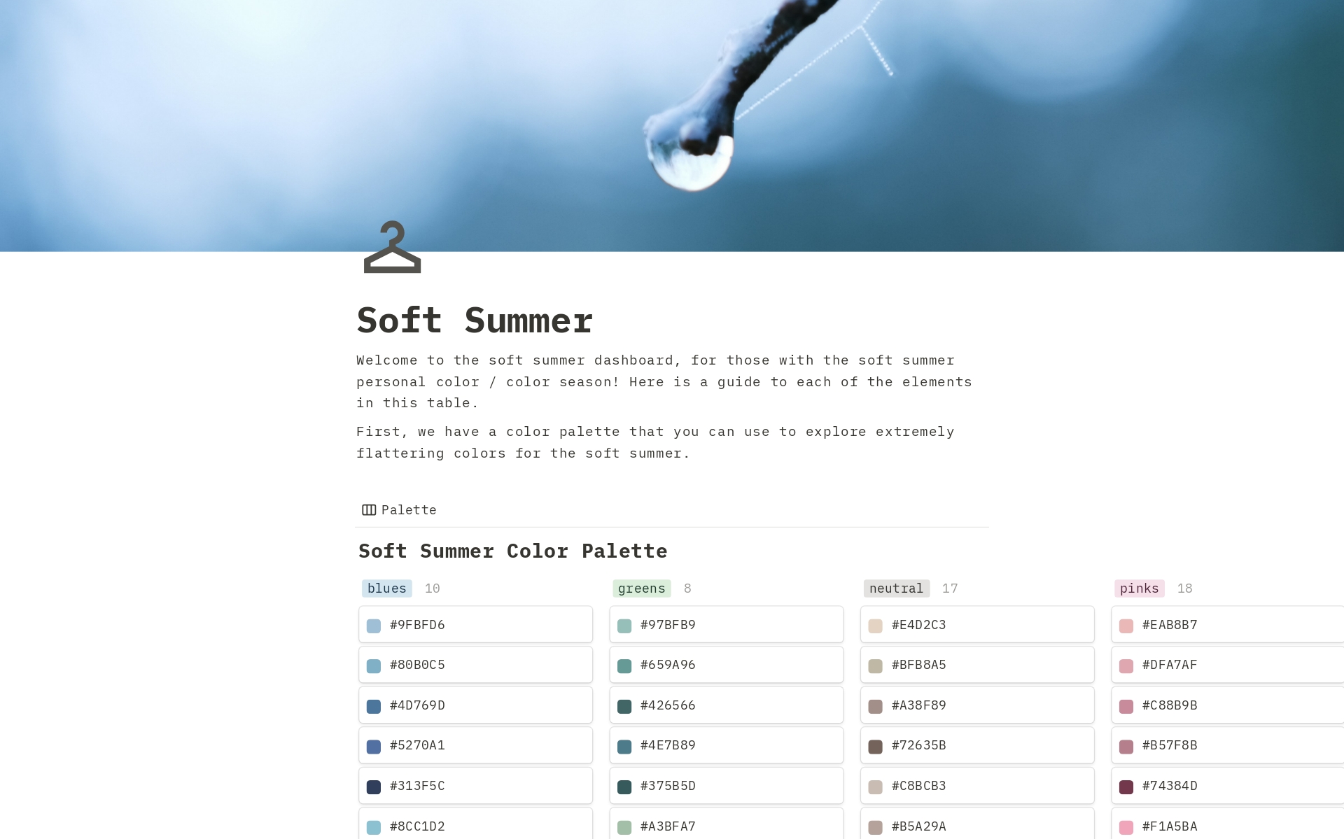 Are you a soft summer? Do you want to organize your wardrobe, makeup, and wishlists based on your most flattering colors? By using this template, you can curate your style to align with the soft summer color palette.