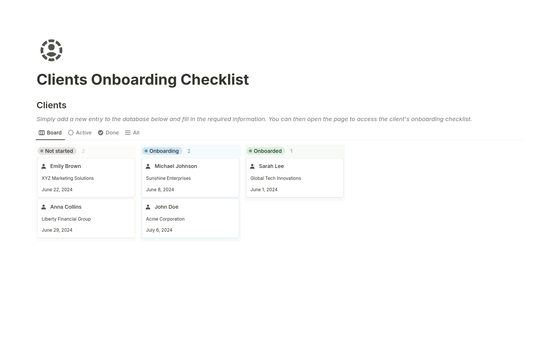 A template preview for Clients Onboarding Checklist