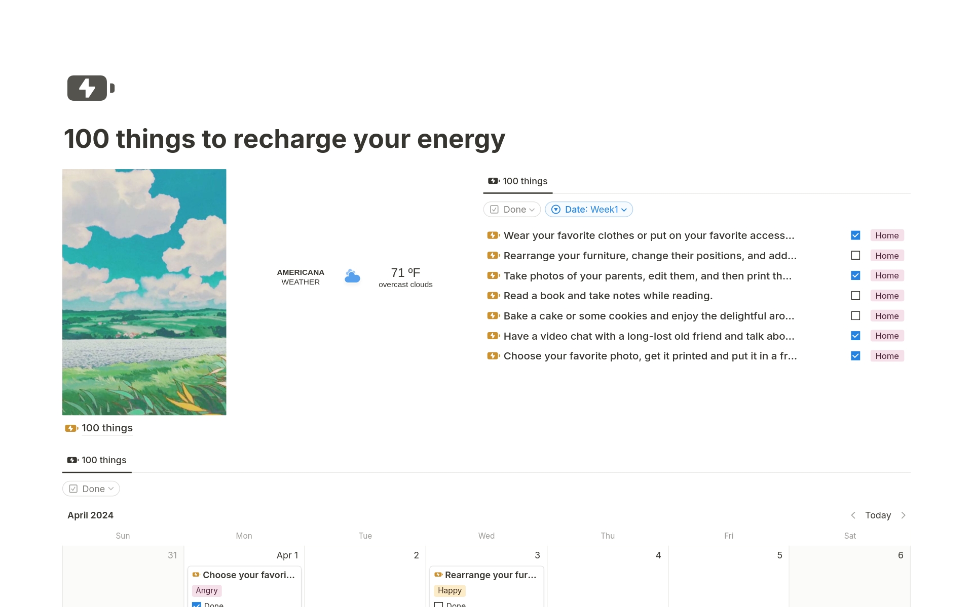 En förhandsgranskning av mallen för 100 things to recharge your energy