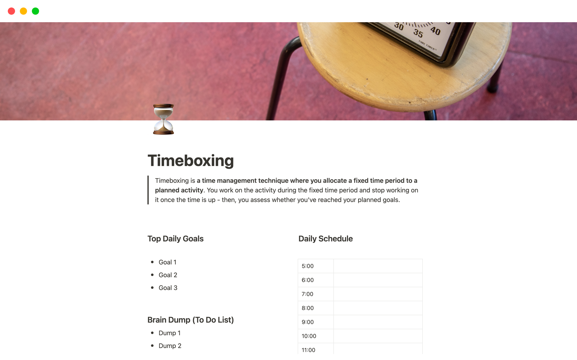 Vista previa de una plantilla para Timeboxing