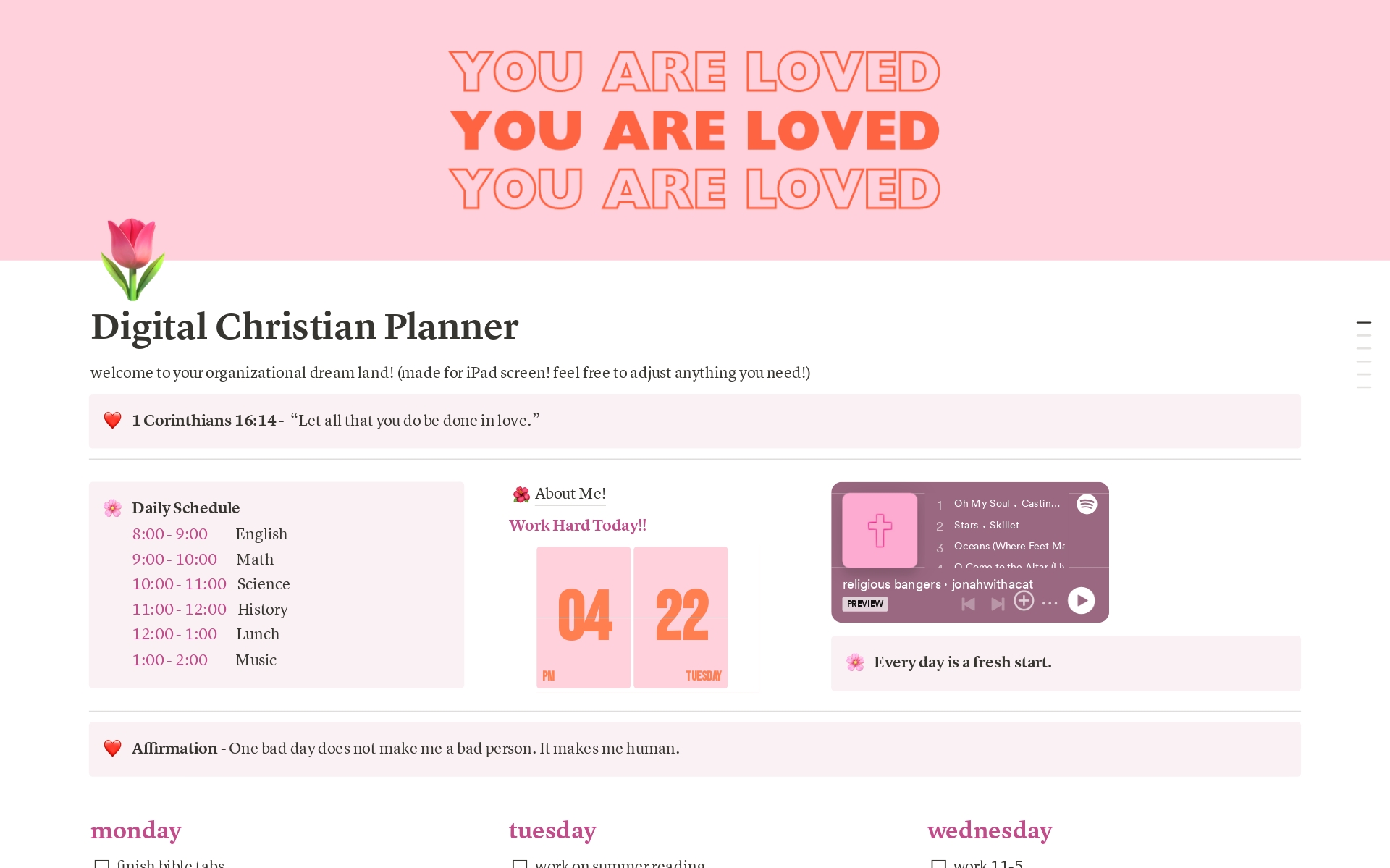 A cute pink themed planner filled with affirmations and Bible verses. 