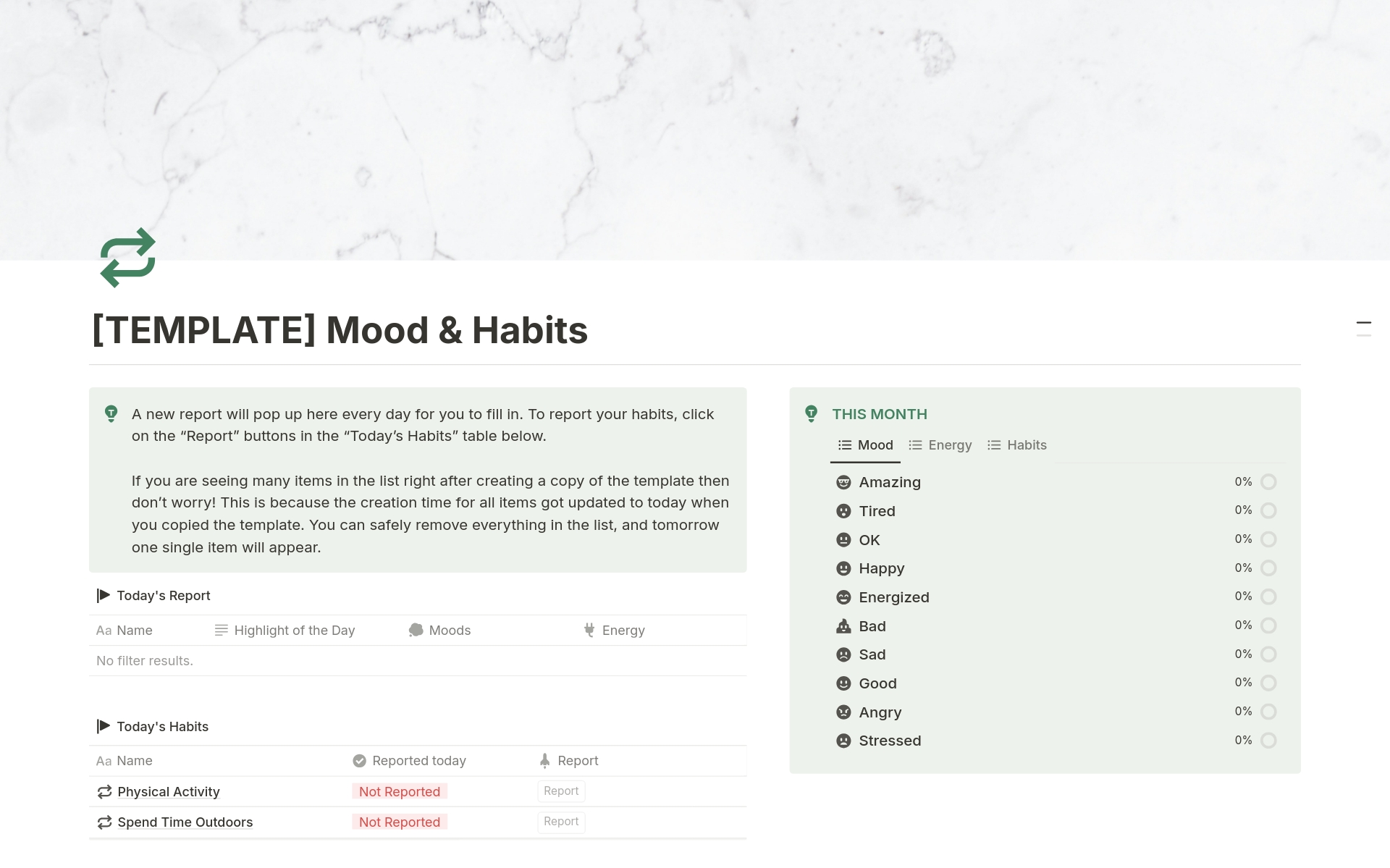Vista previa de plantilla para Mood & Habit Tracker
