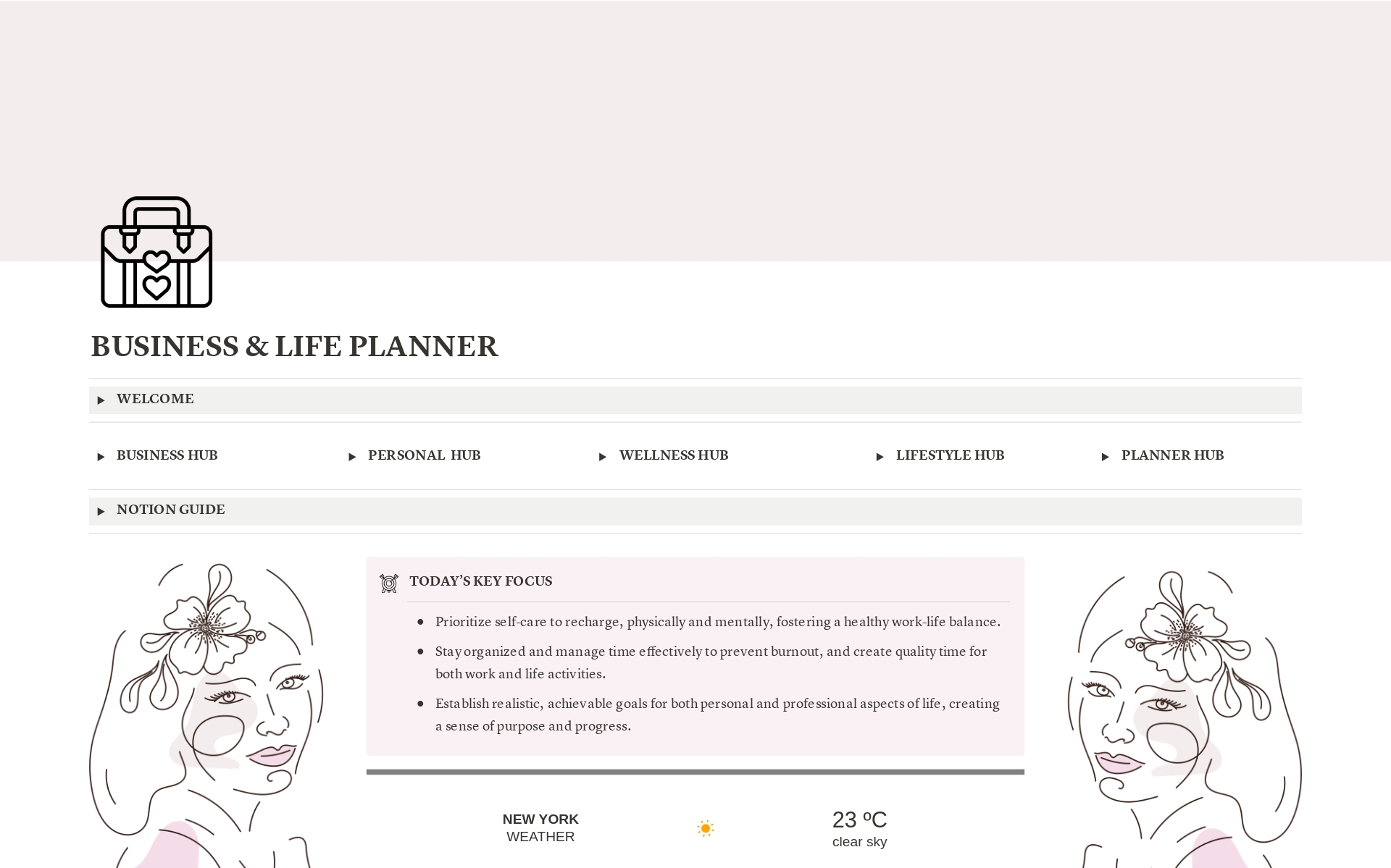 En förhandsgranskning av mallen för Pink & Mocha Business & Life Planner