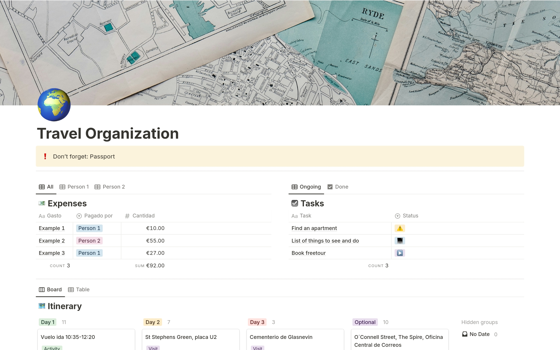 Make your trips unforgettable with our organizational template for Notion! Designed to simplify the planning of your adventures, this template gives you an efficient way to manage all aspects of your trip, from expenses to tasks to your daily itinerary.
