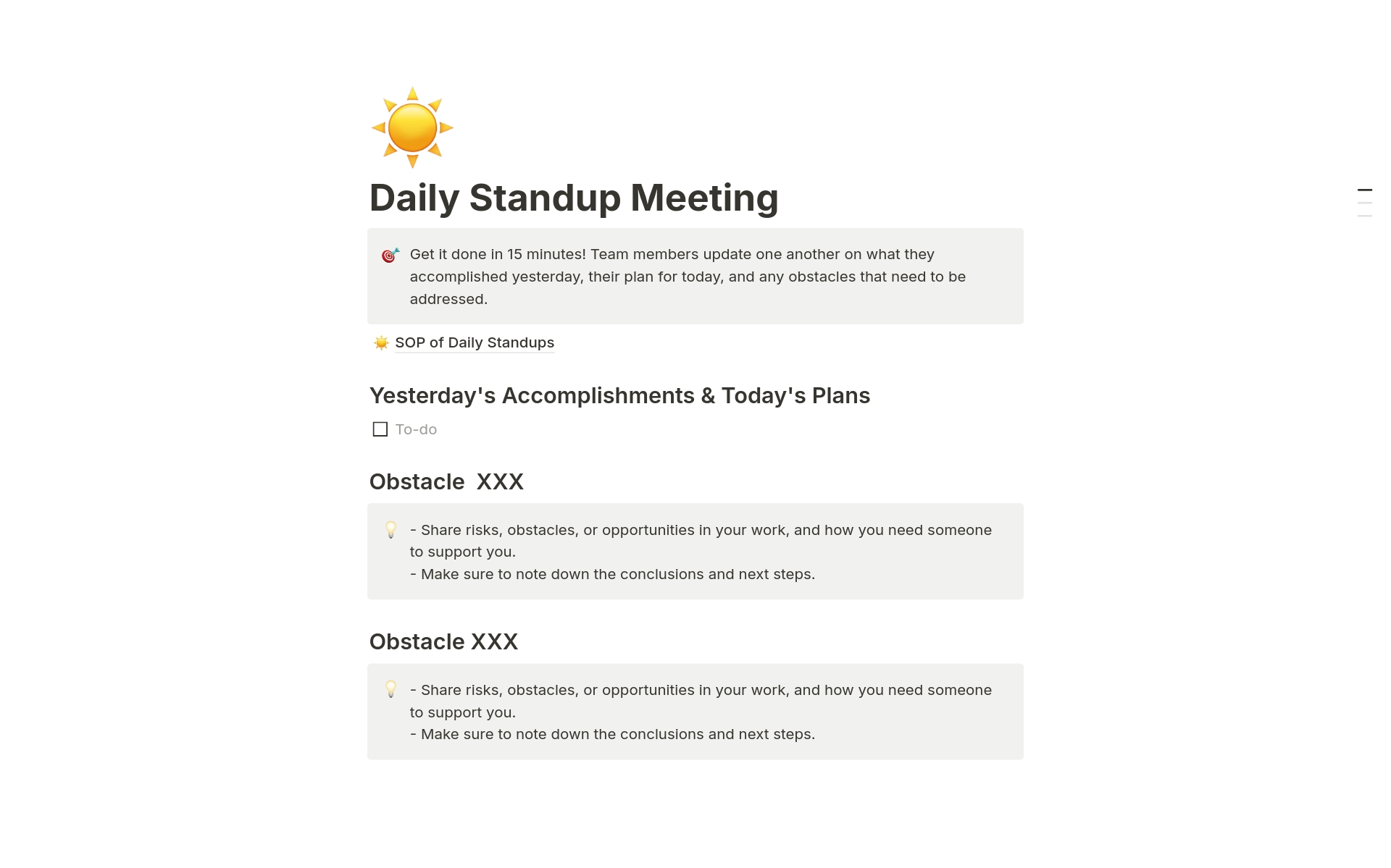 Vista previa de plantilla para Daily Standup Meeting