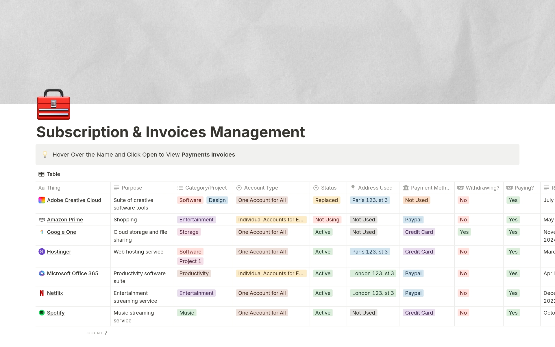 A template preview for Subscription & Invoices Management