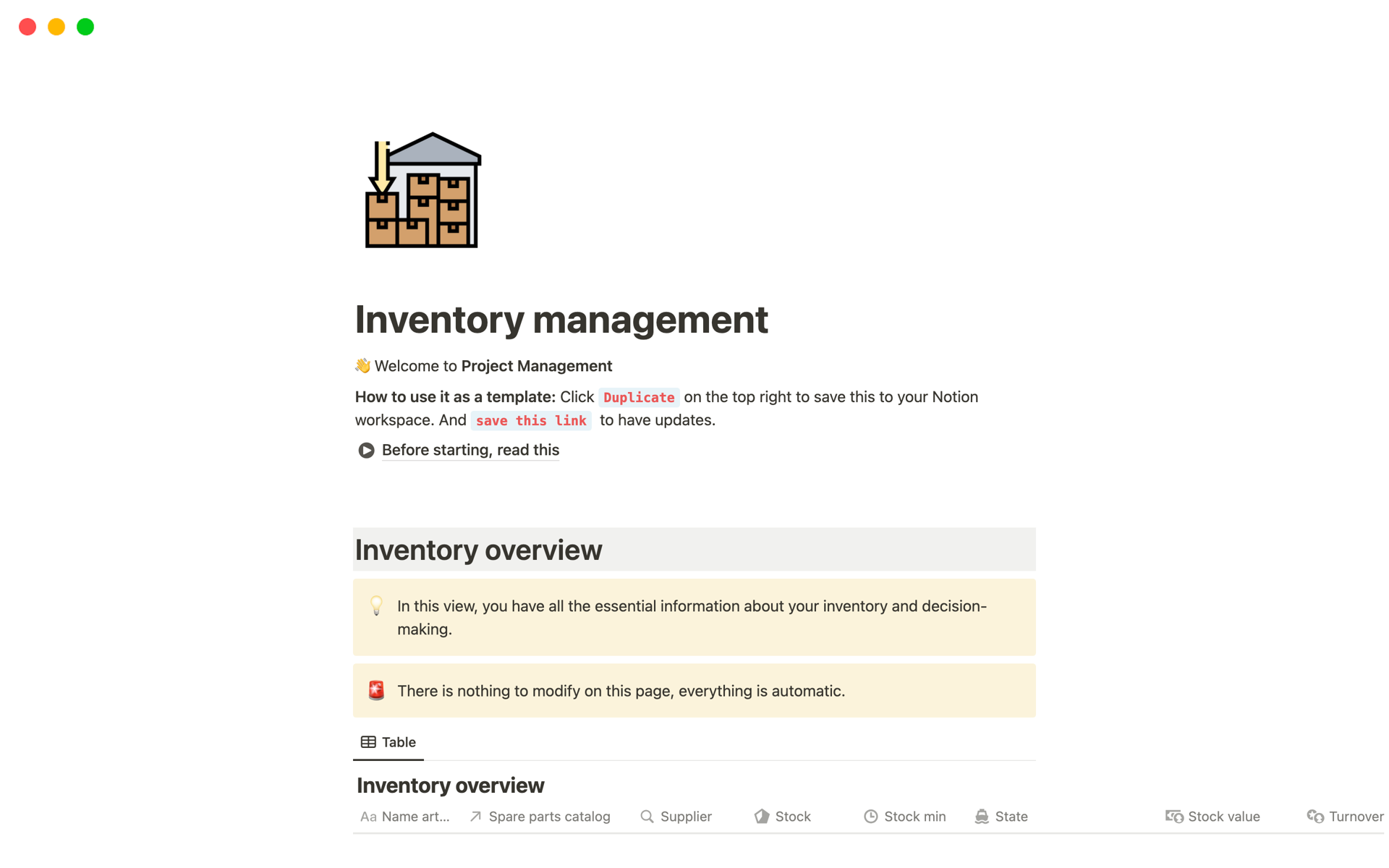 Vista previa de plantilla para Inventory management