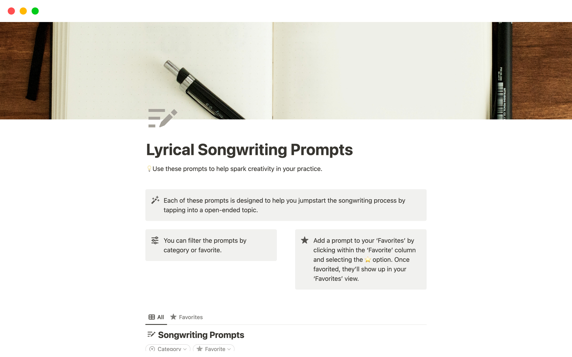 Struggling with writer's block? Give your songwriting a jolt of inspiration with our curated collection of lyrical prompts within Notion. Tap into new ideas, explore fresh perspectives, and break free from stale patterns. Perfect for songwriters of all levels.