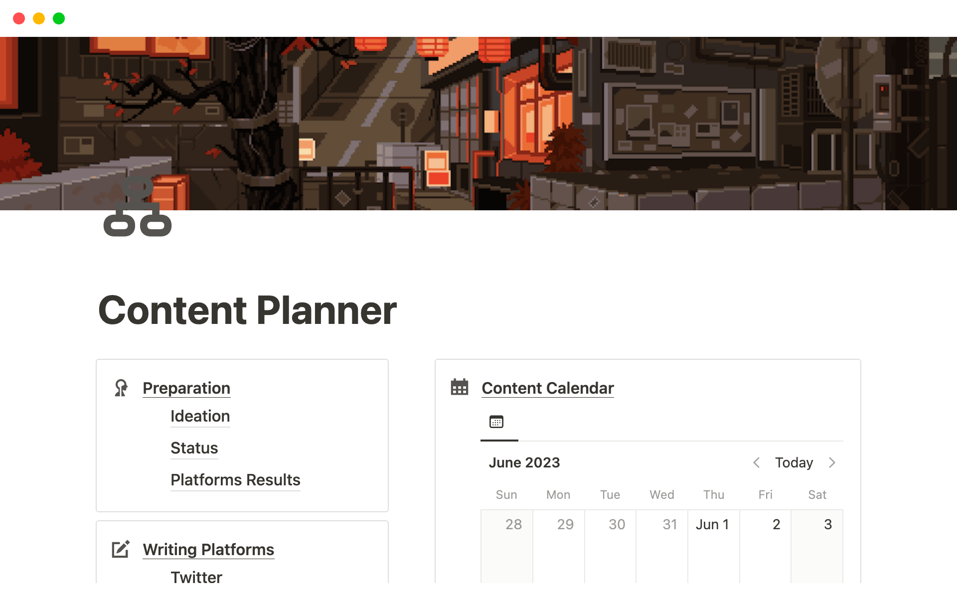 Eine Vorlagenvorschau für Notion Content Planner