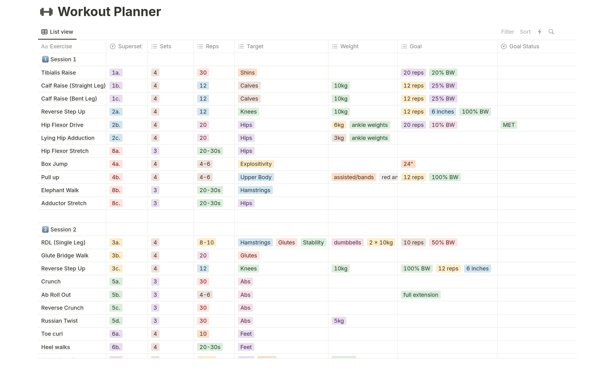 A template preview for All-in-One Workout Planner 