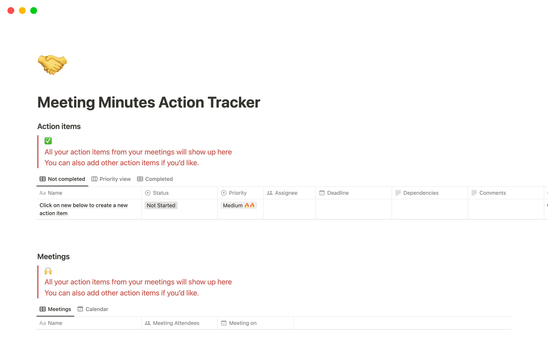 En forhåndsvisning av mal for Meeting Minutes Action Tracker