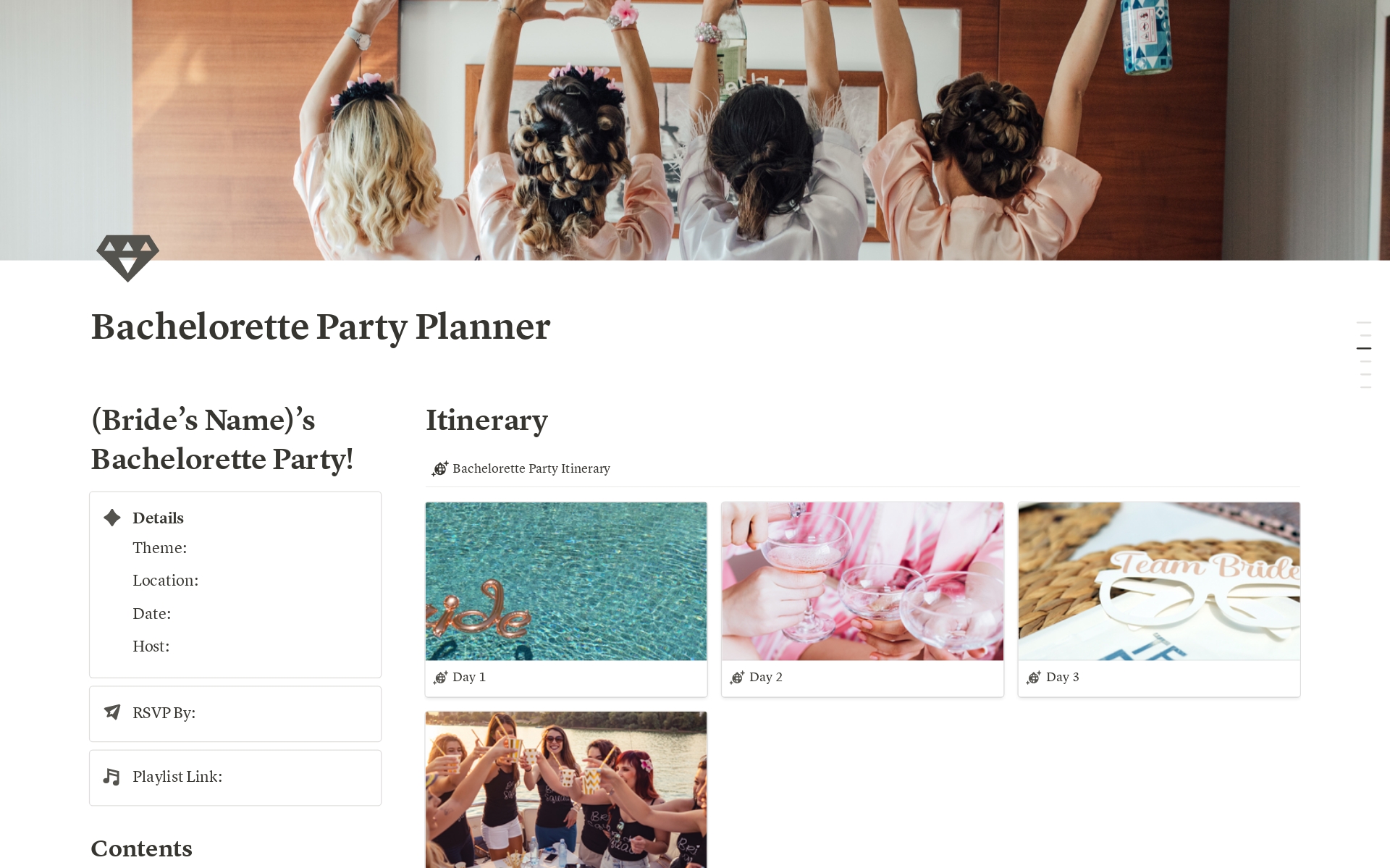 This Notion template is designed to help you plan and organize a memorable bachelorette weekend for the bride-to-be! From setting the date and location to organizing activities, this collaborative and customizable template includes everything you need.