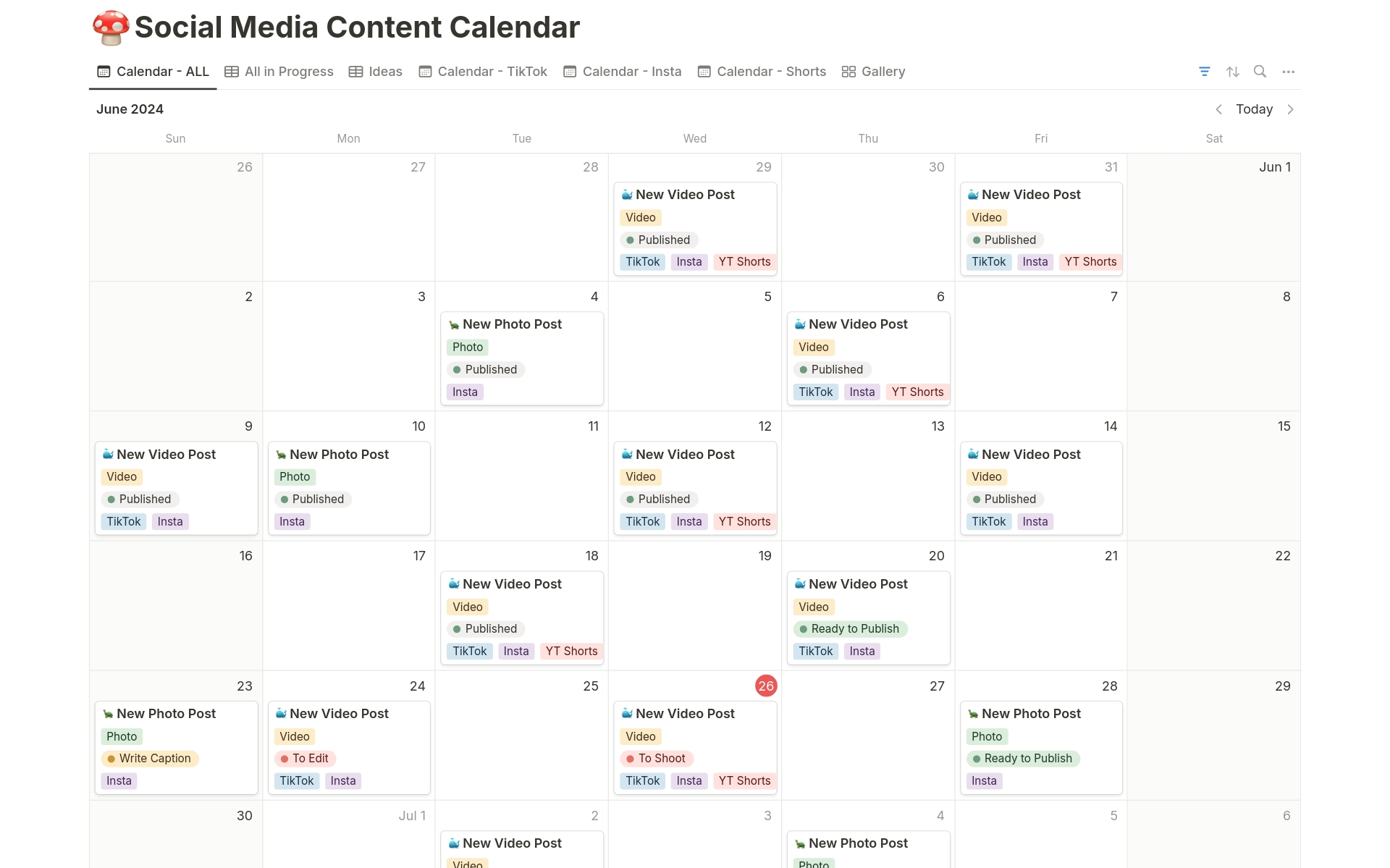 Simple Social Media Content Calendarのテンプレートのプレビュー