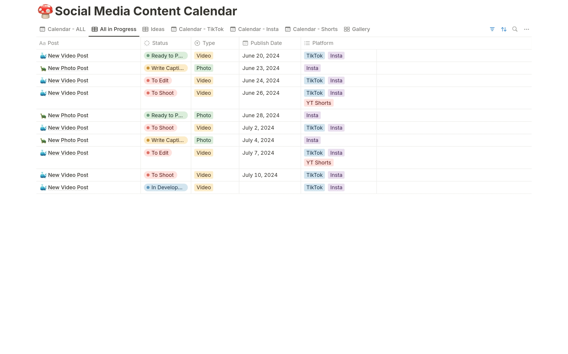 Never forget an idea, keep track of your tasks, and plan your posting schedule all in one place with this simple Notion social media content calendar template