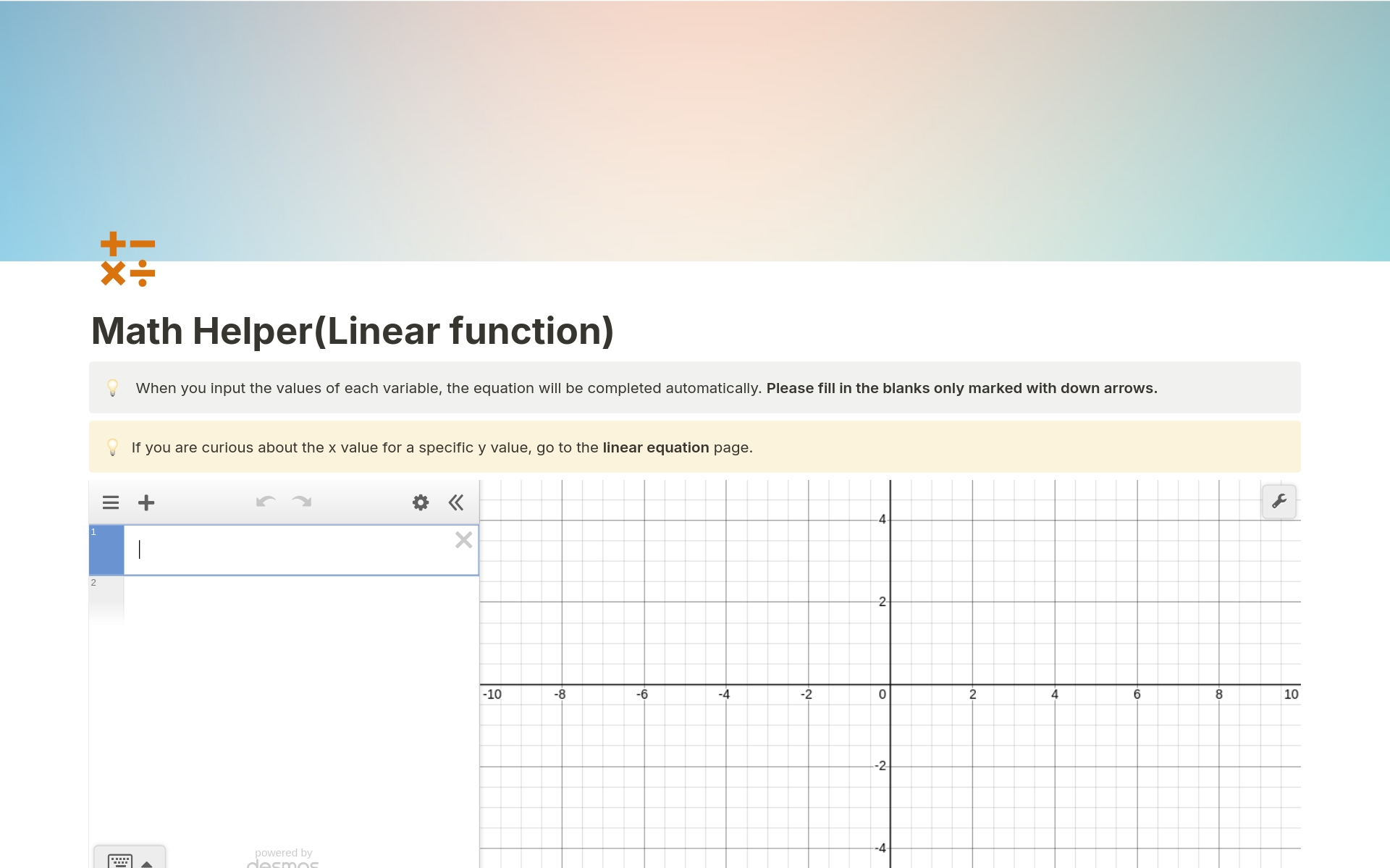 En forhåndsvisning av mal for Math Helper(Linear function)