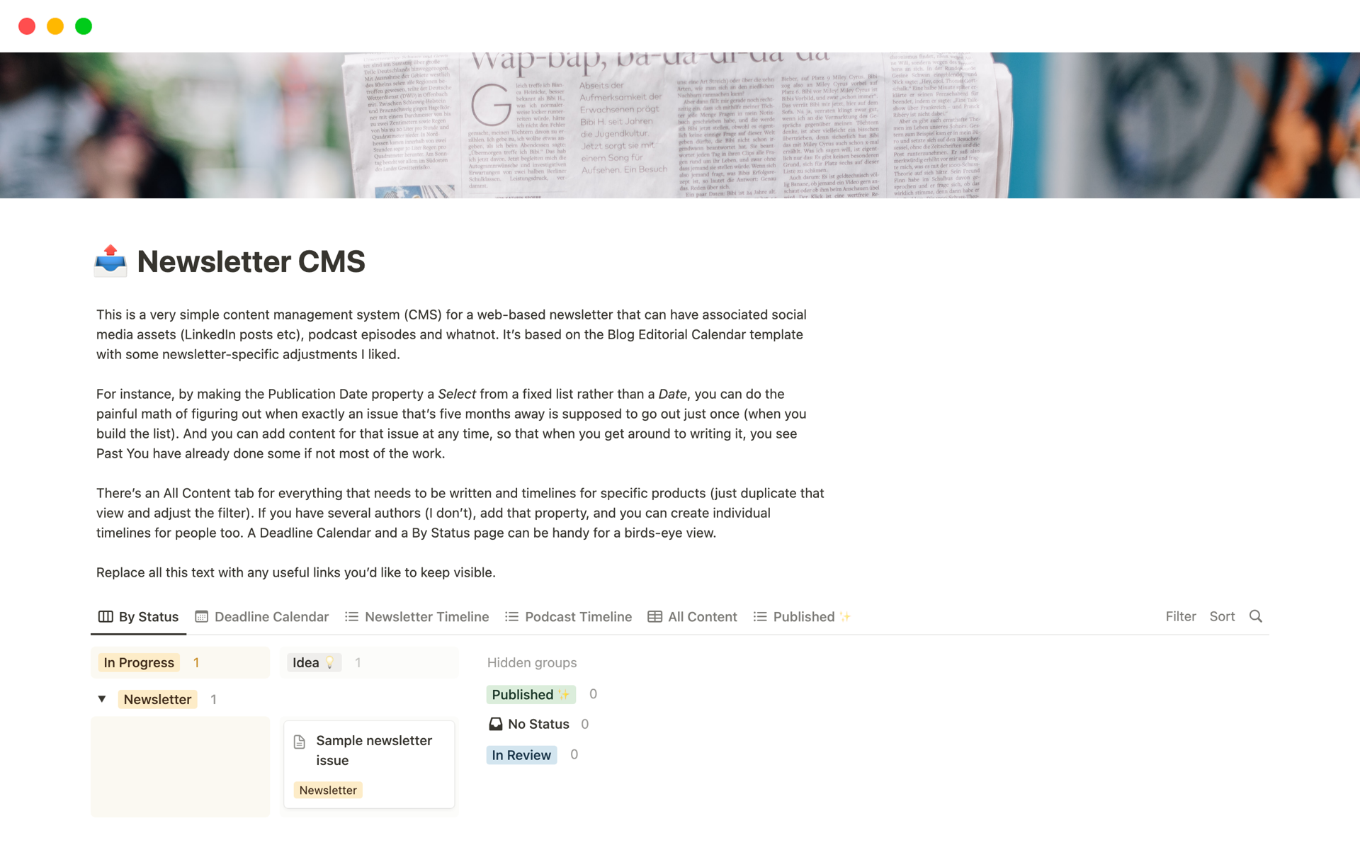 En forhåndsvisning av mal for Newsletter CMS