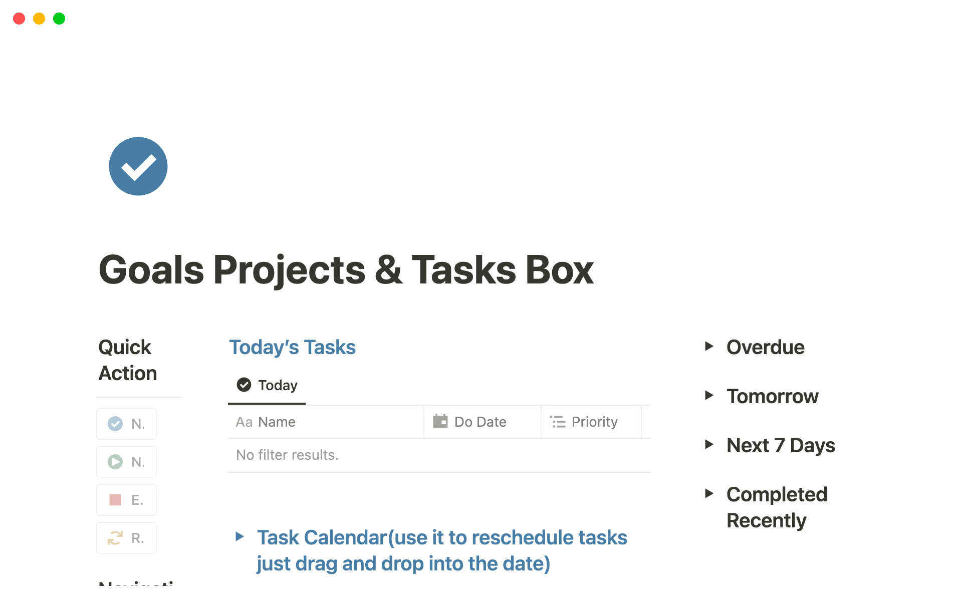 Eine Vorlagenvorschau für Goals projects & Tasks Box