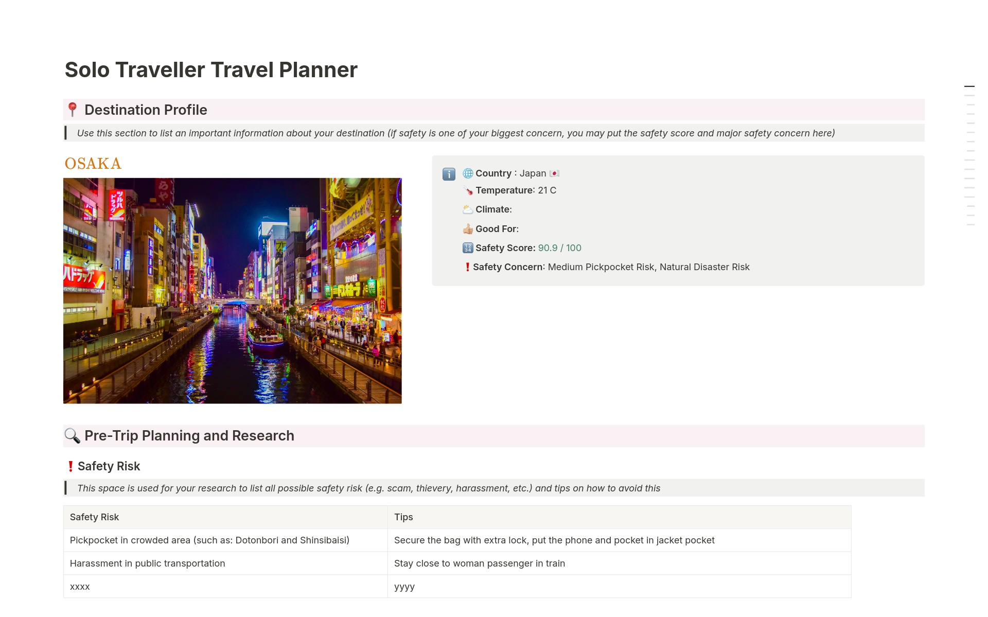 En förhandsgranskning av mallen för Solo Traveler Travel Planner