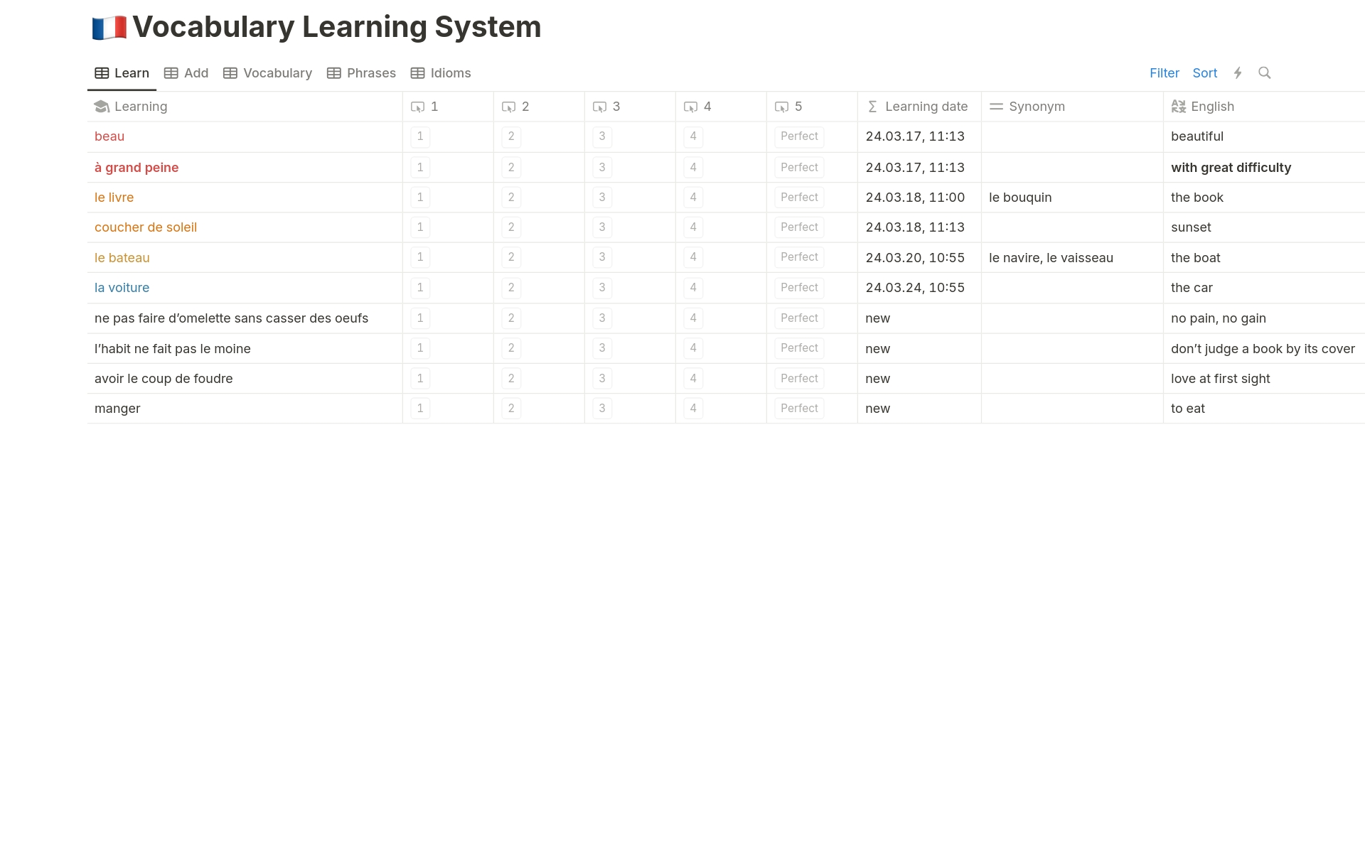 Vista previa de plantilla para Vocab Learning System