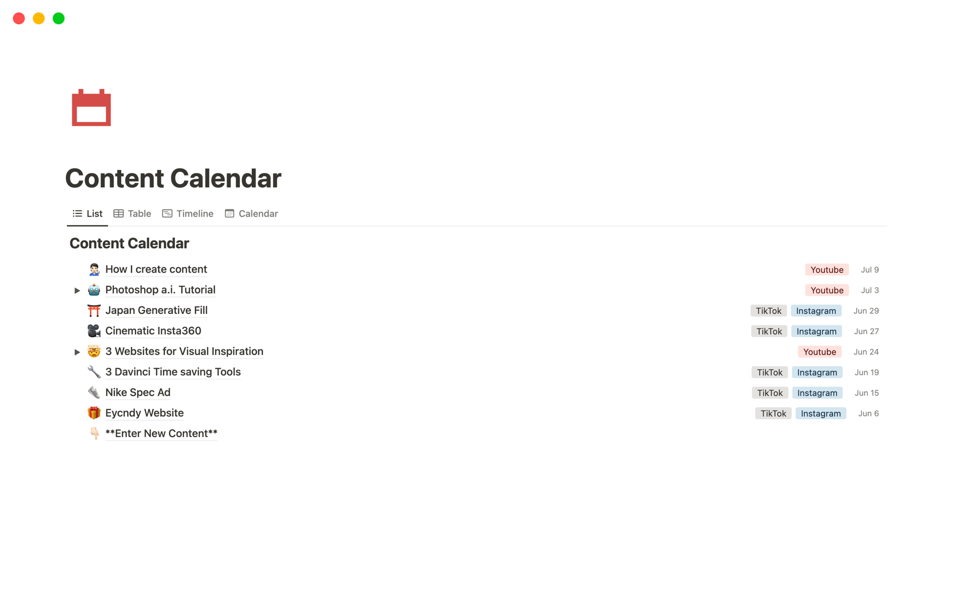 Vista previa de una plantilla para Content Calendar