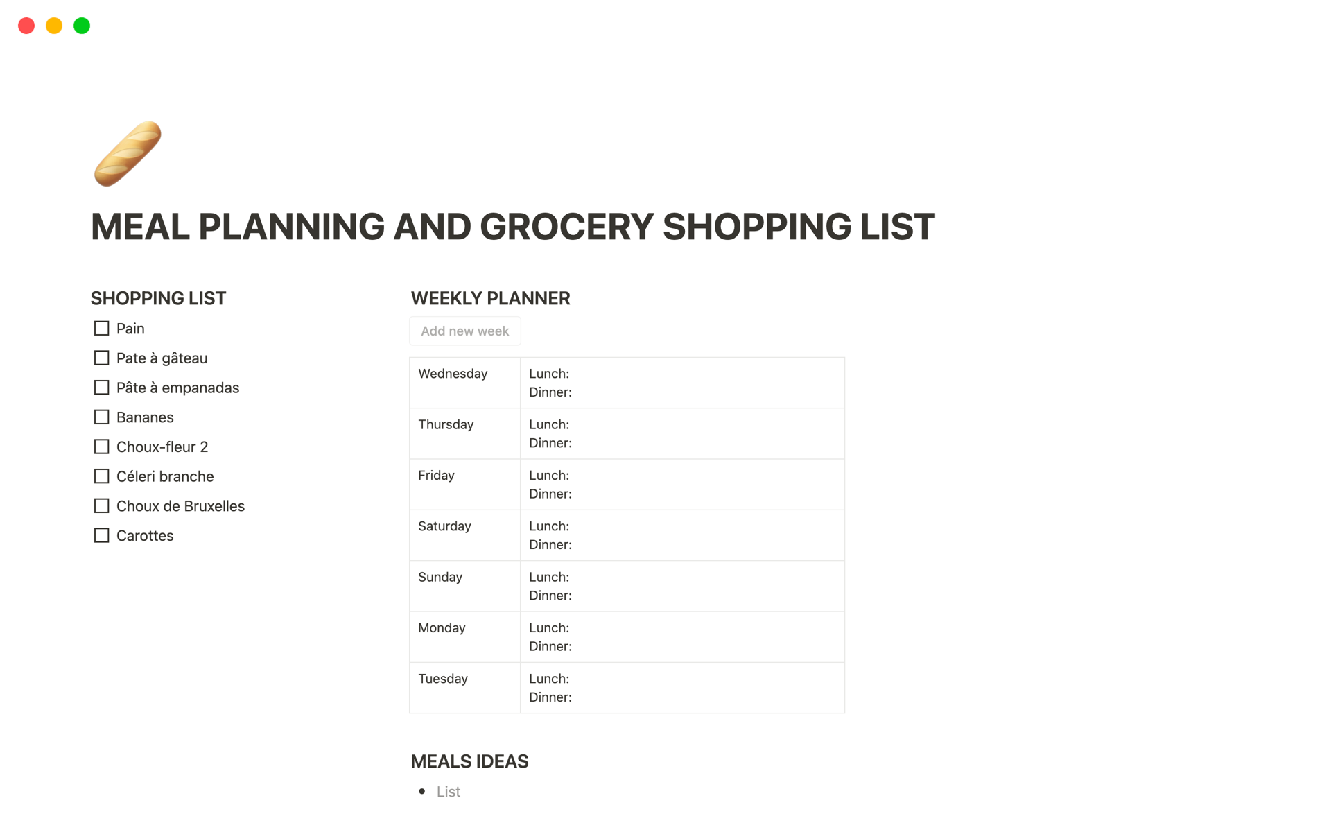 En förhandsgranskning av mallen för Meal planning and grocery shopping list