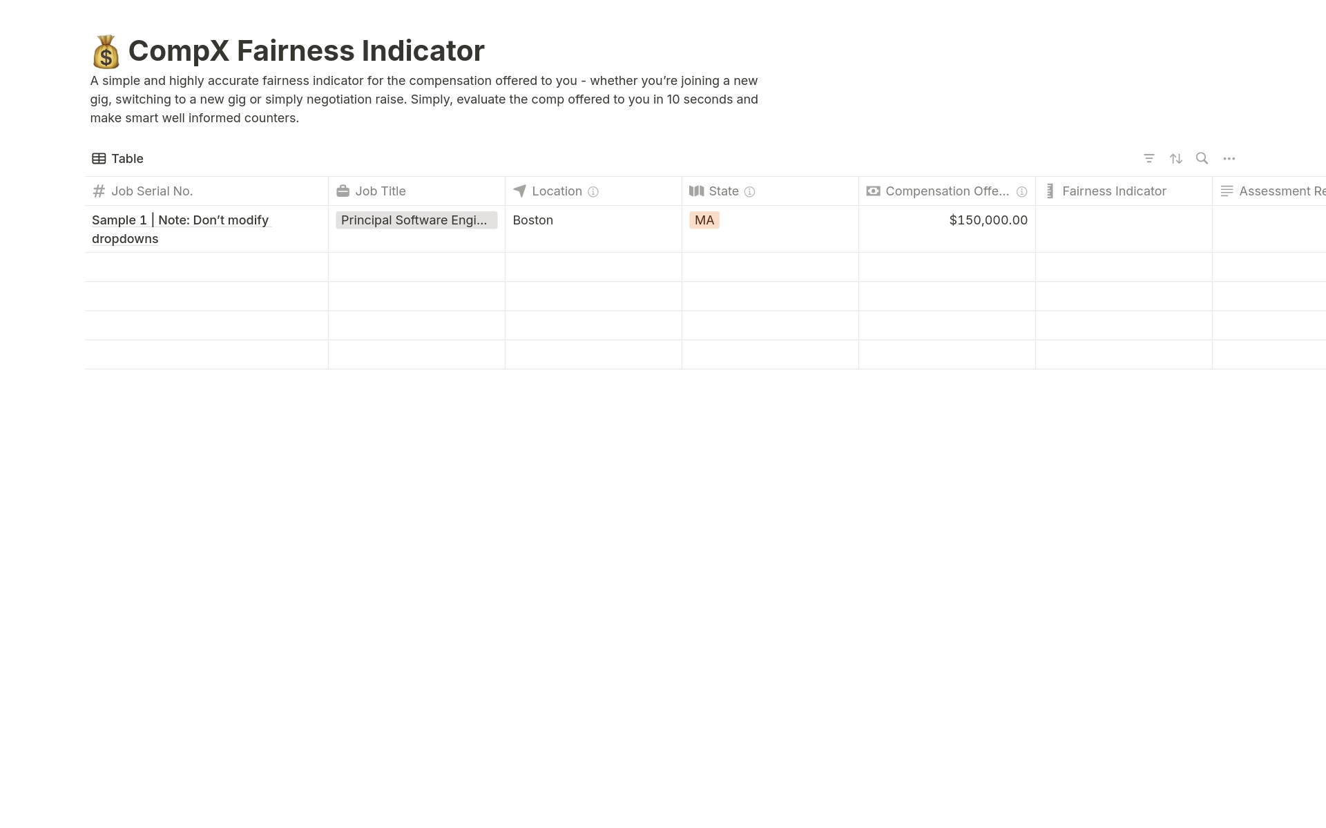 I'm making this template to be used as a front-end UI for my full stack app titled, CompX Fairness Indicator. The public template will be offered for Duplication to the user during AuthFlow.

a. Job Title
b. Location
c. State
d. Compensation Offered