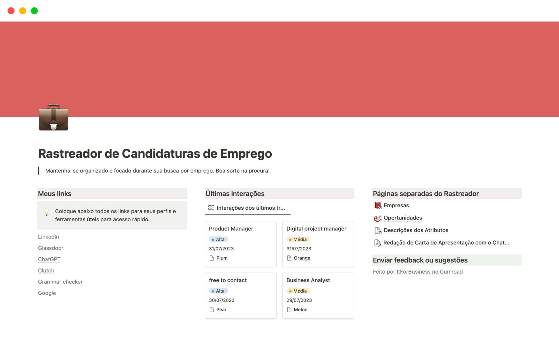 En förhandsgranskning av mallen för Rastreador de Candidaturas de Emprego