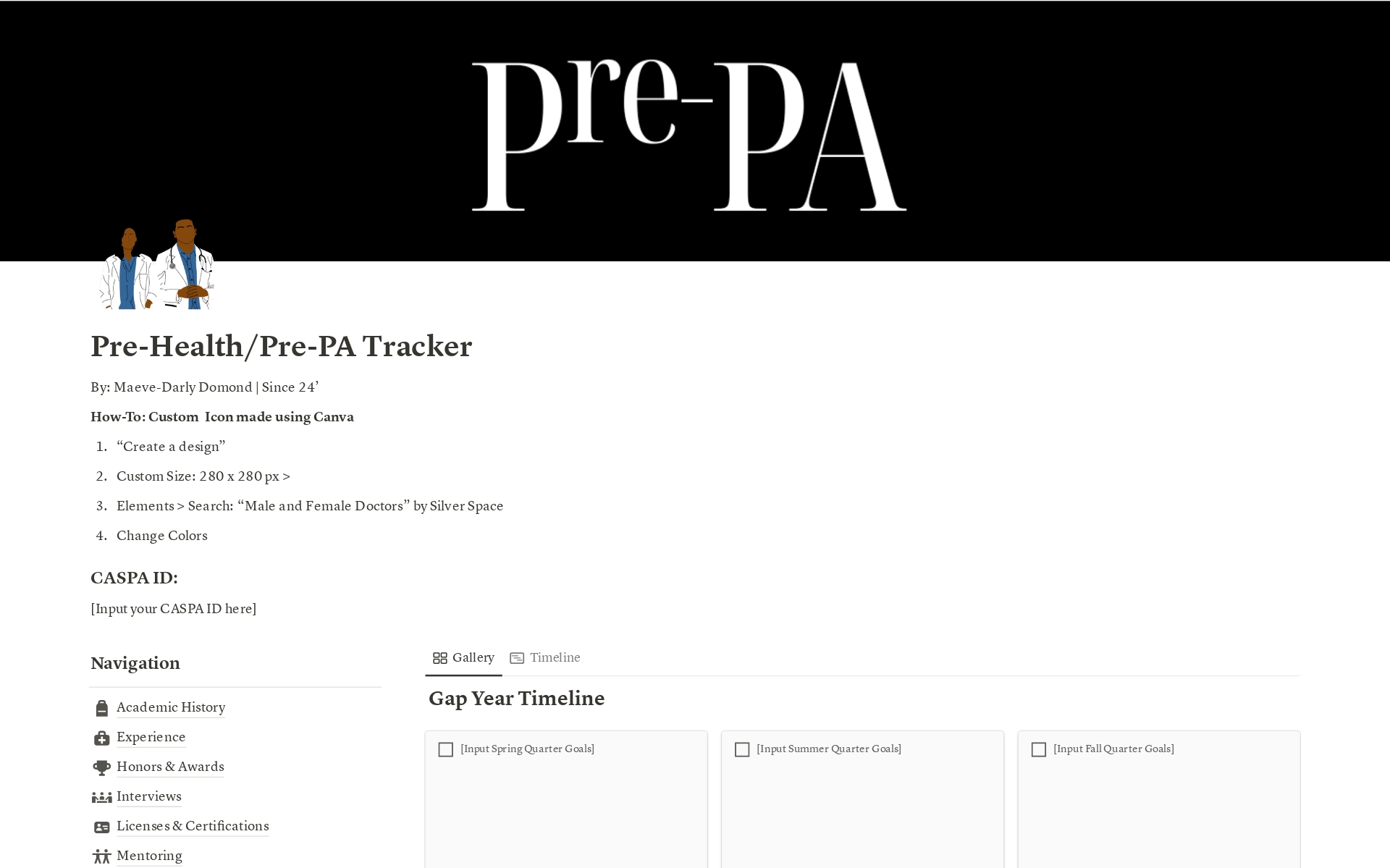 Pre-Health/Pre-PA Application Material Trackerのテンプレートのプレビュー