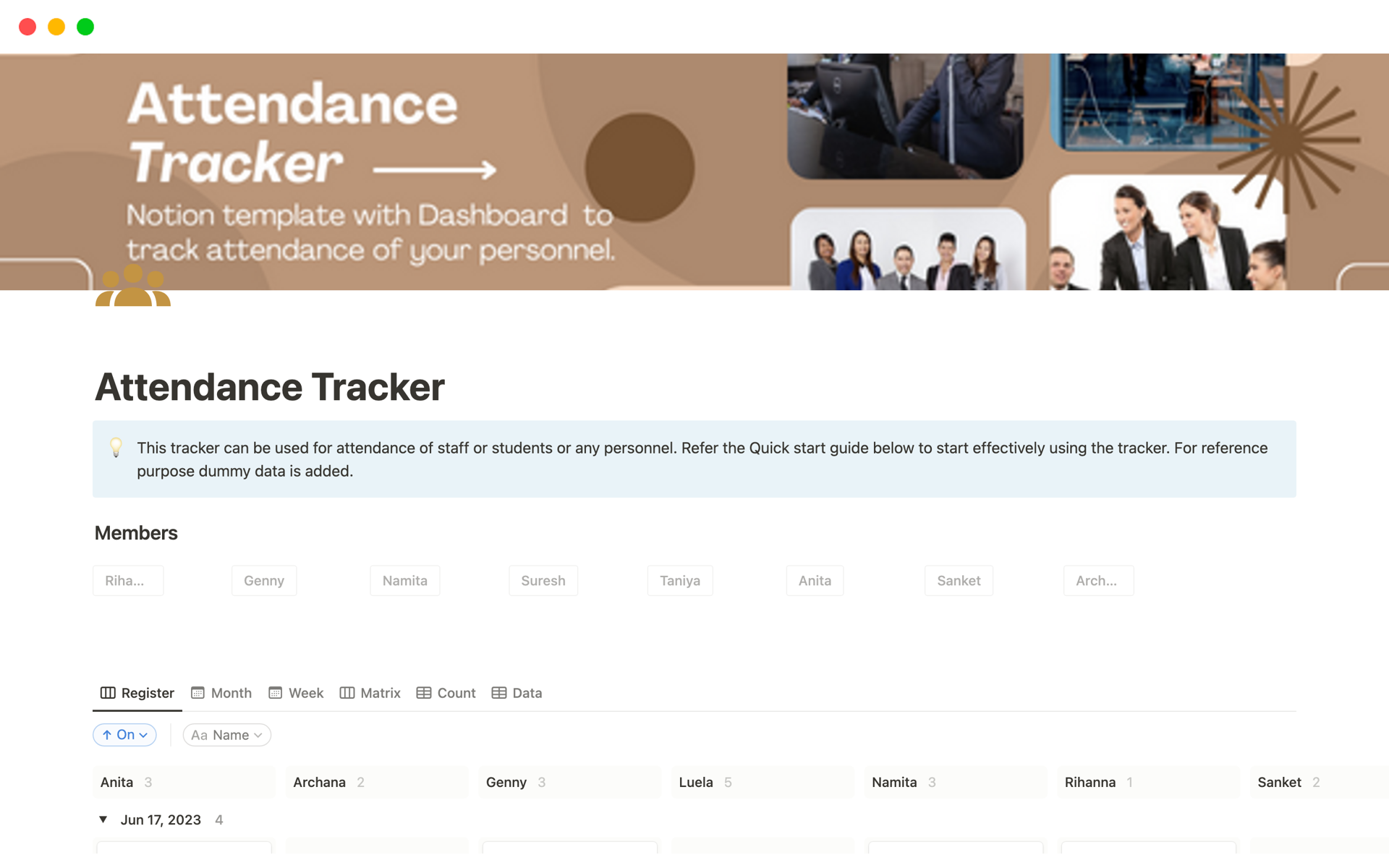 Vista previa de una plantilla para Attendance Tracker