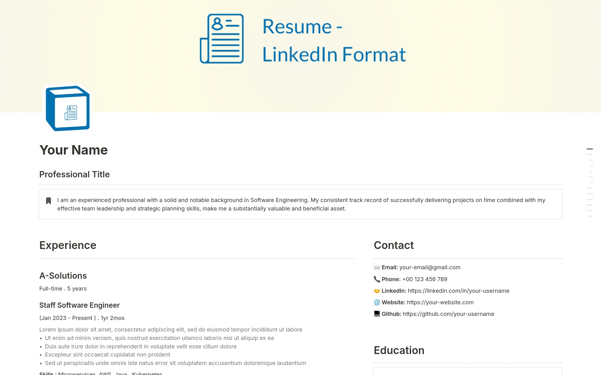 A template preview for Resume - LinkedIn Format