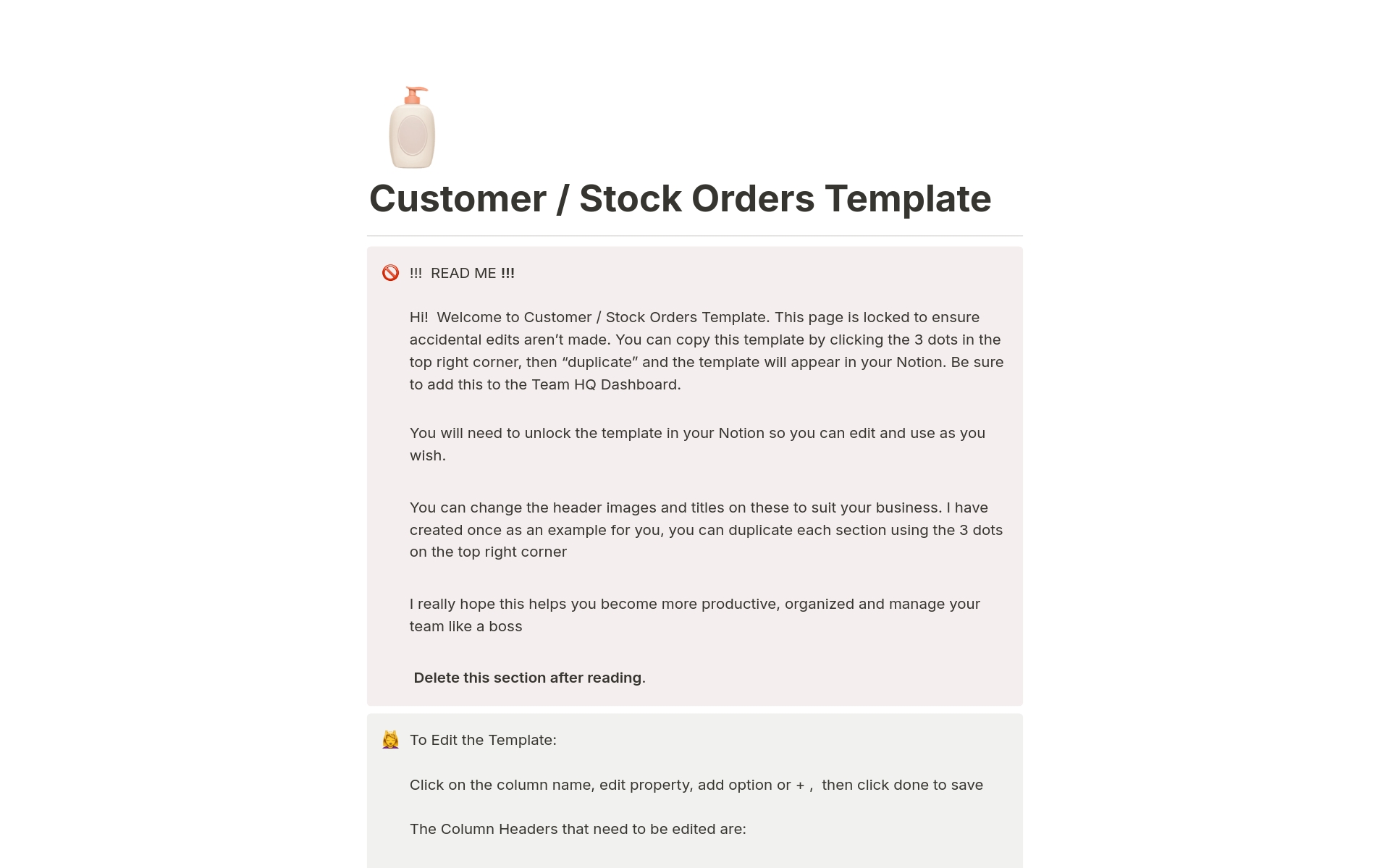 En förhandsgranskning av mallen för Customer / Stock Orders