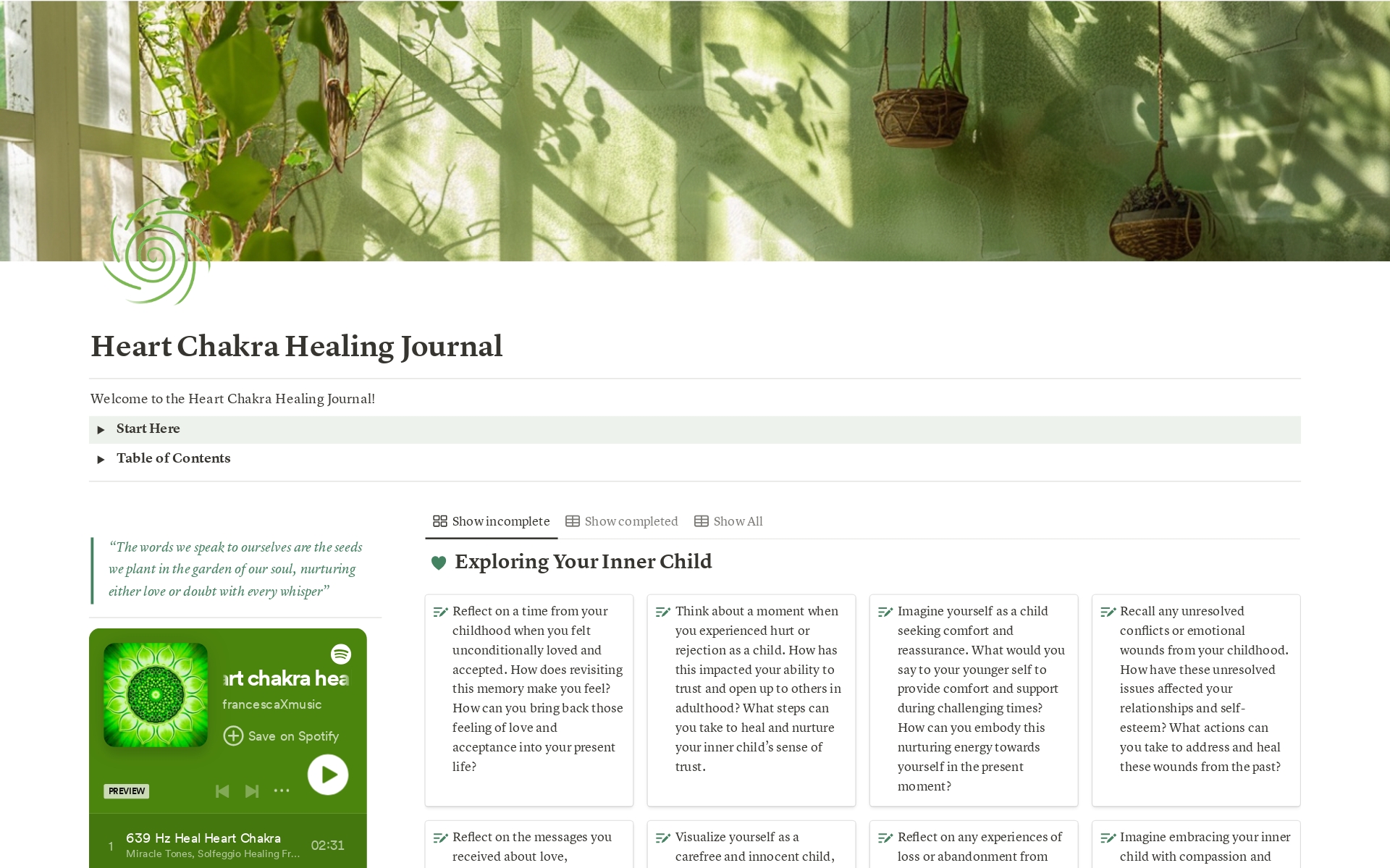 En förhandsgranskning av mallen för Heart Chakra Healing Journal