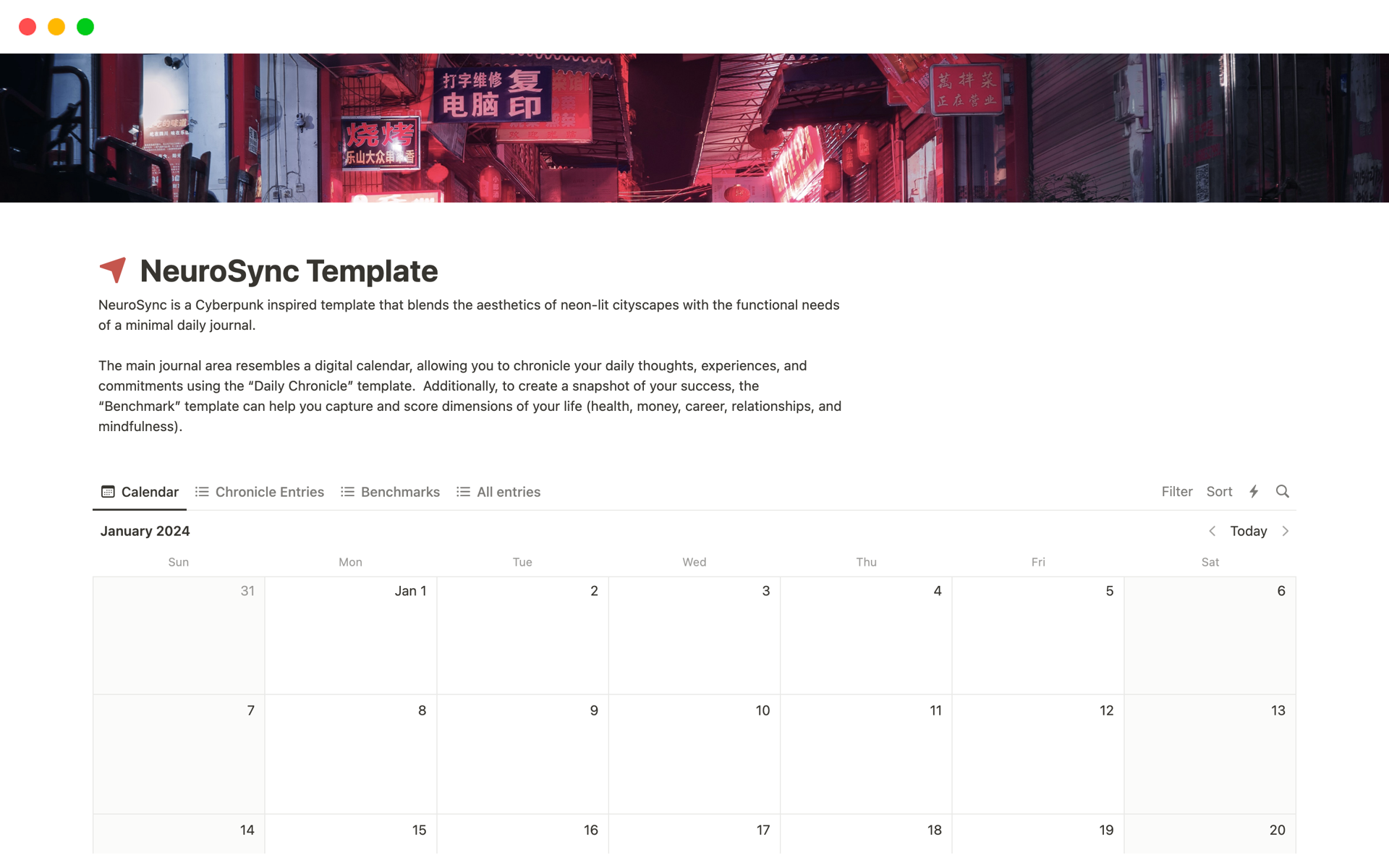 NeuroSync is a Cyberpunk inspired template that blends the aesthetics of neon-lit cityscapes with the functional needs of a minimal daily journal. 