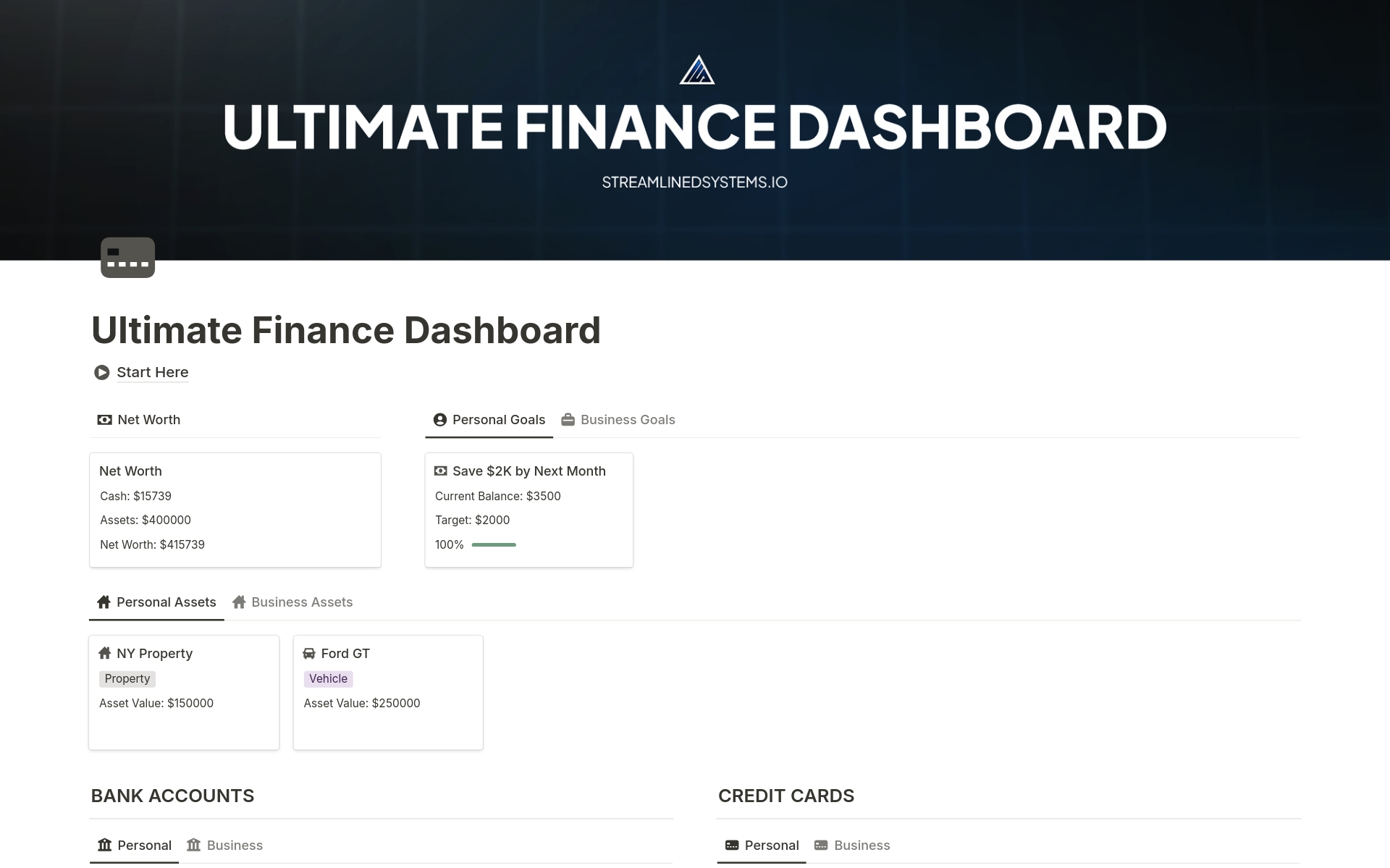 En forhåndsvisning av mal for Ultimate Finance Dashboard