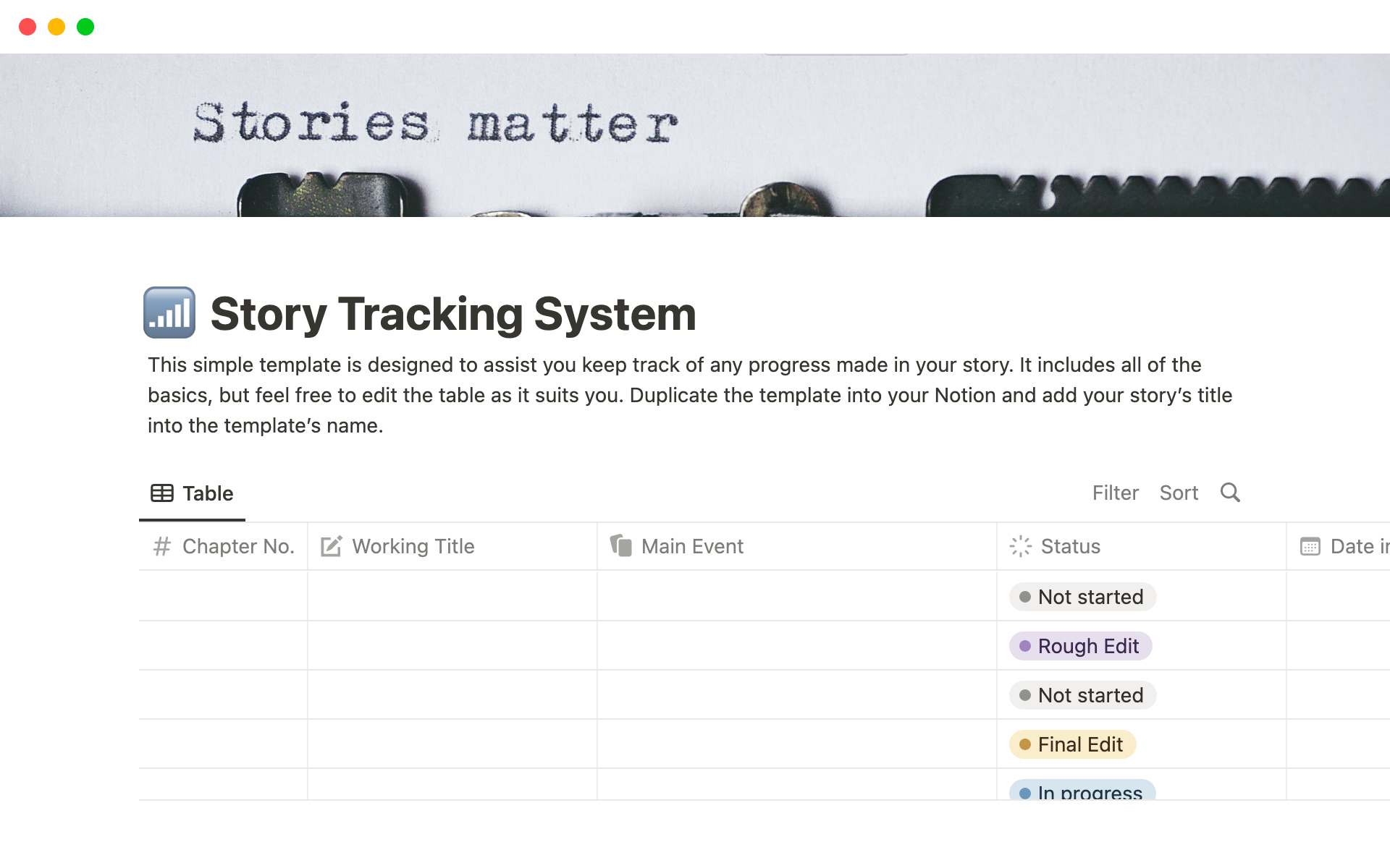 En forhåndsvisning av mal for Story Tracking System